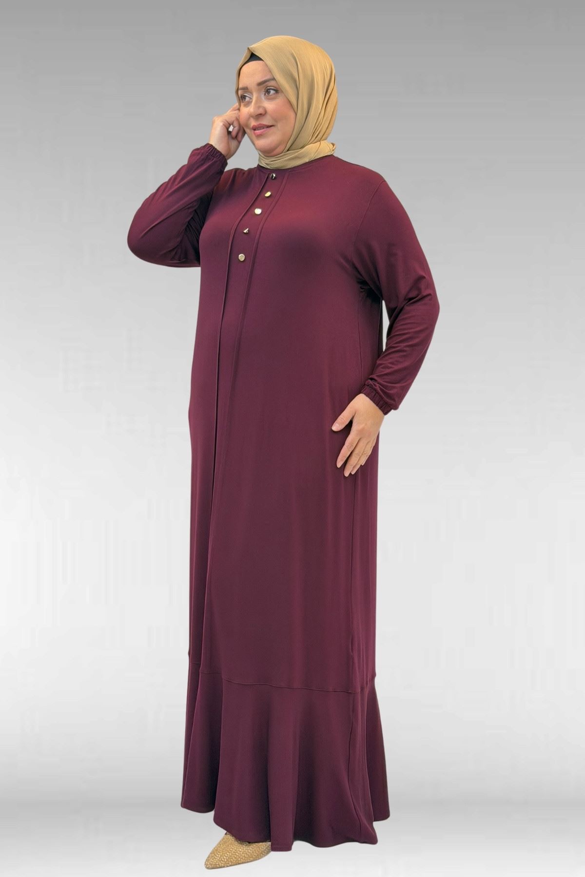 62006 Büyük Beden Önü Çıma Detaylı Penye Elbise - Bordo