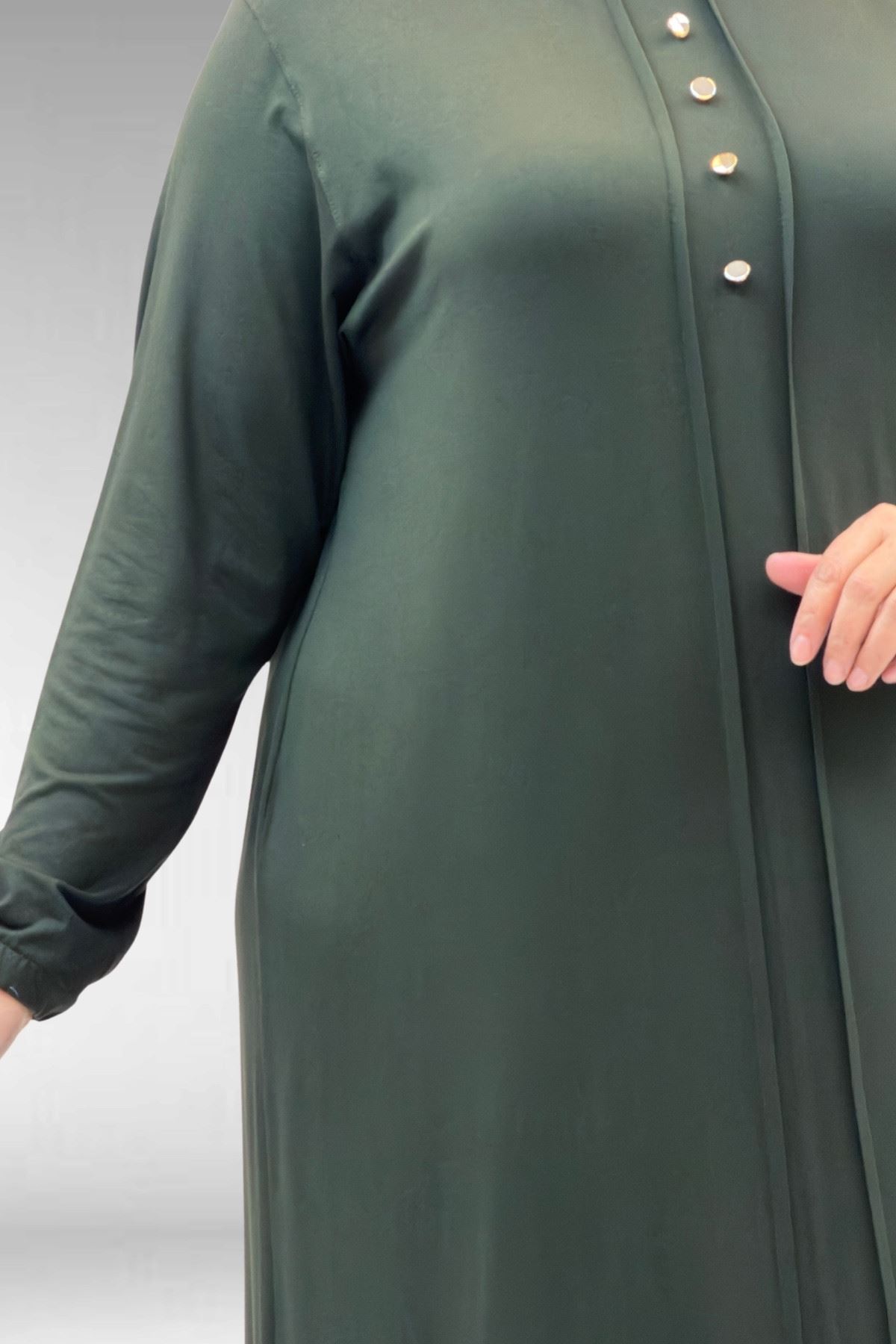 62006 Büyük Beden Önü Çıma Detaylı Penye Elbise - Haki