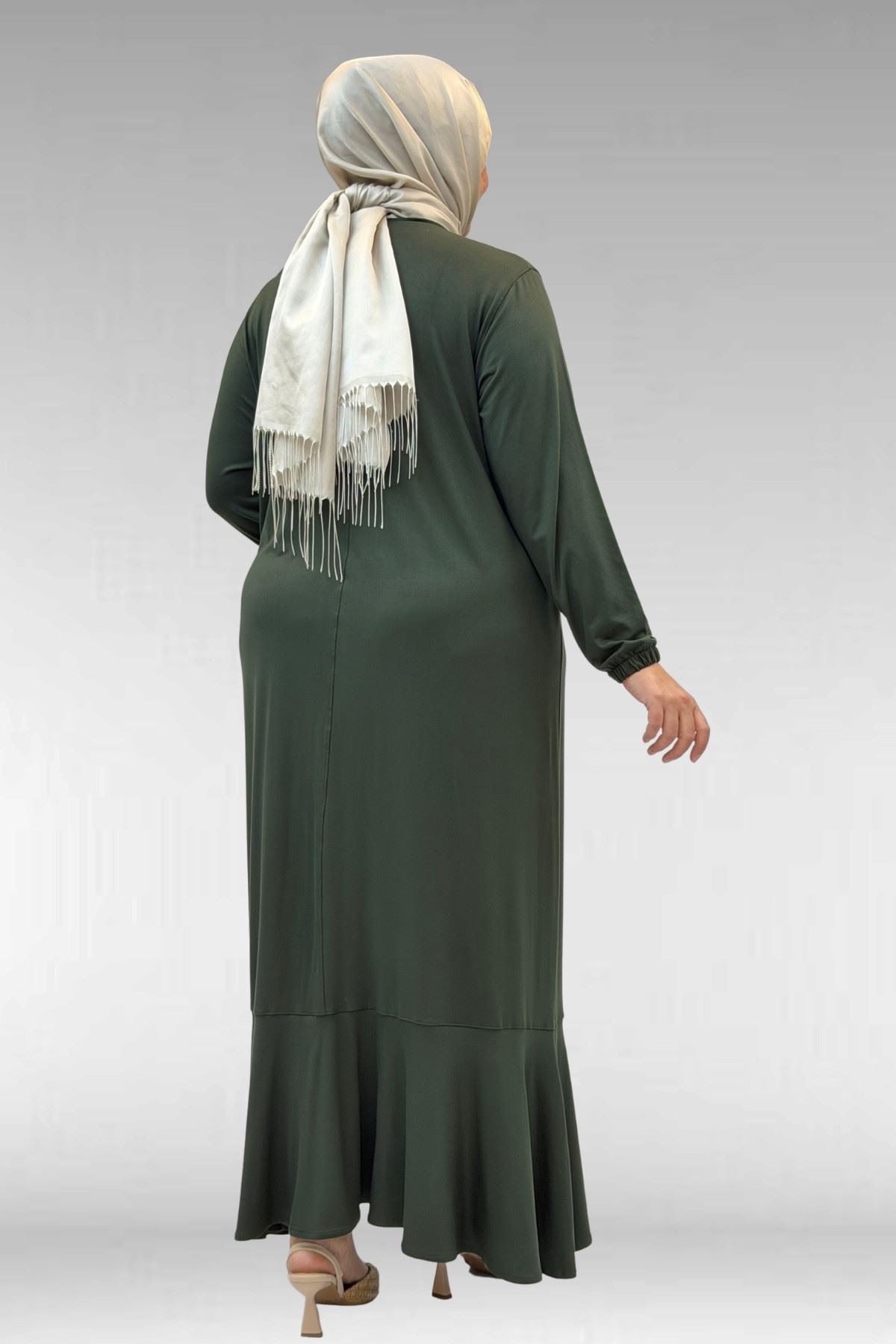 62006 Büyük Beden Önü Çıma Detaylı Penye Elbise - Haki