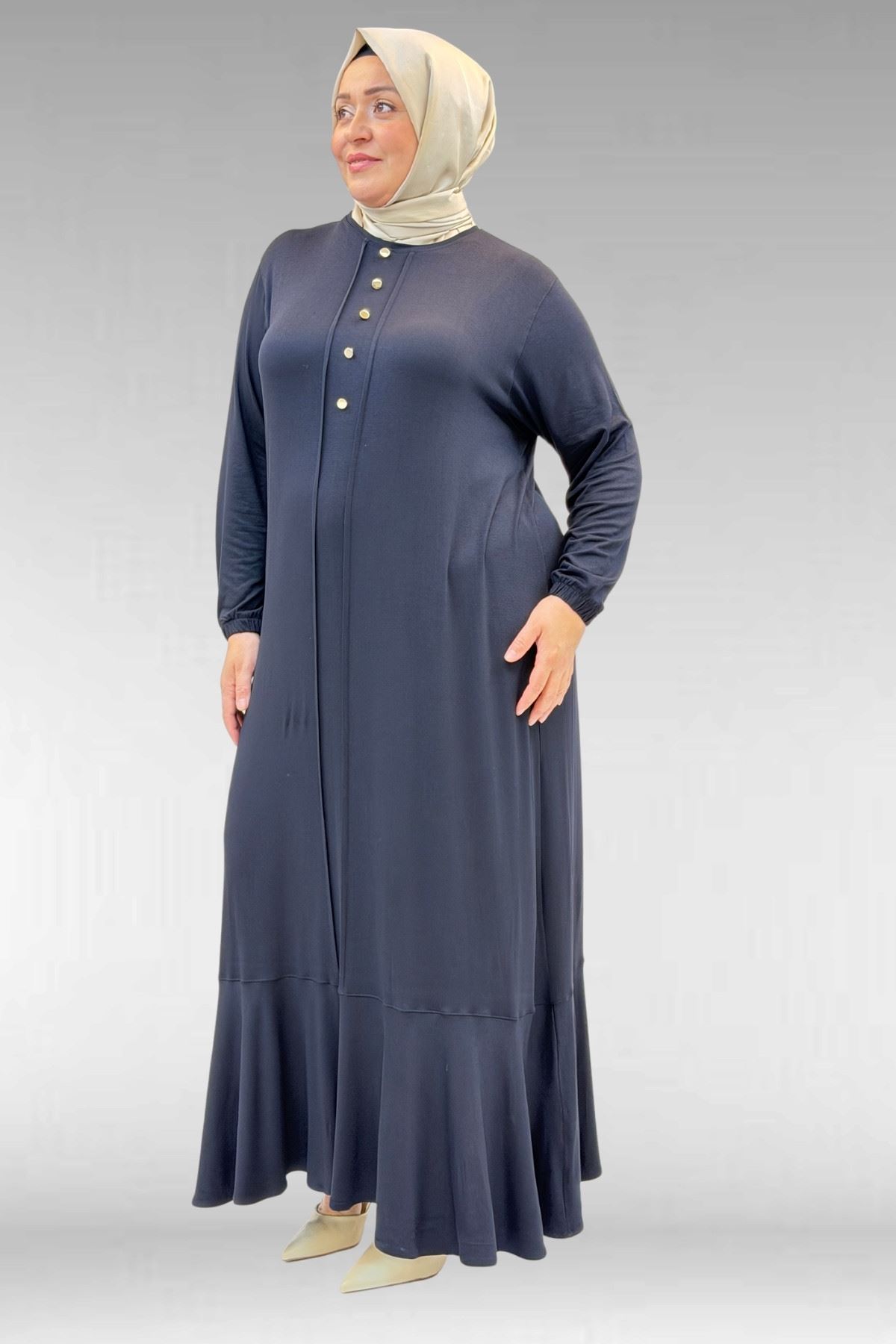 62006 Büyük Beden Önü Çıma Detaylı Penye Elbise - Koyu Lacivert