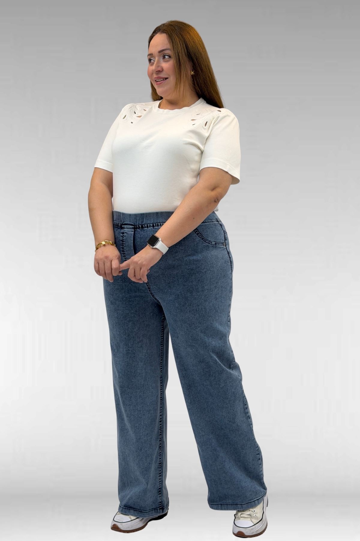 9182-10 Büyük Beden Bolpaça Beli Lastikli Kot Pantolon - Kar Yıkama Lacivert