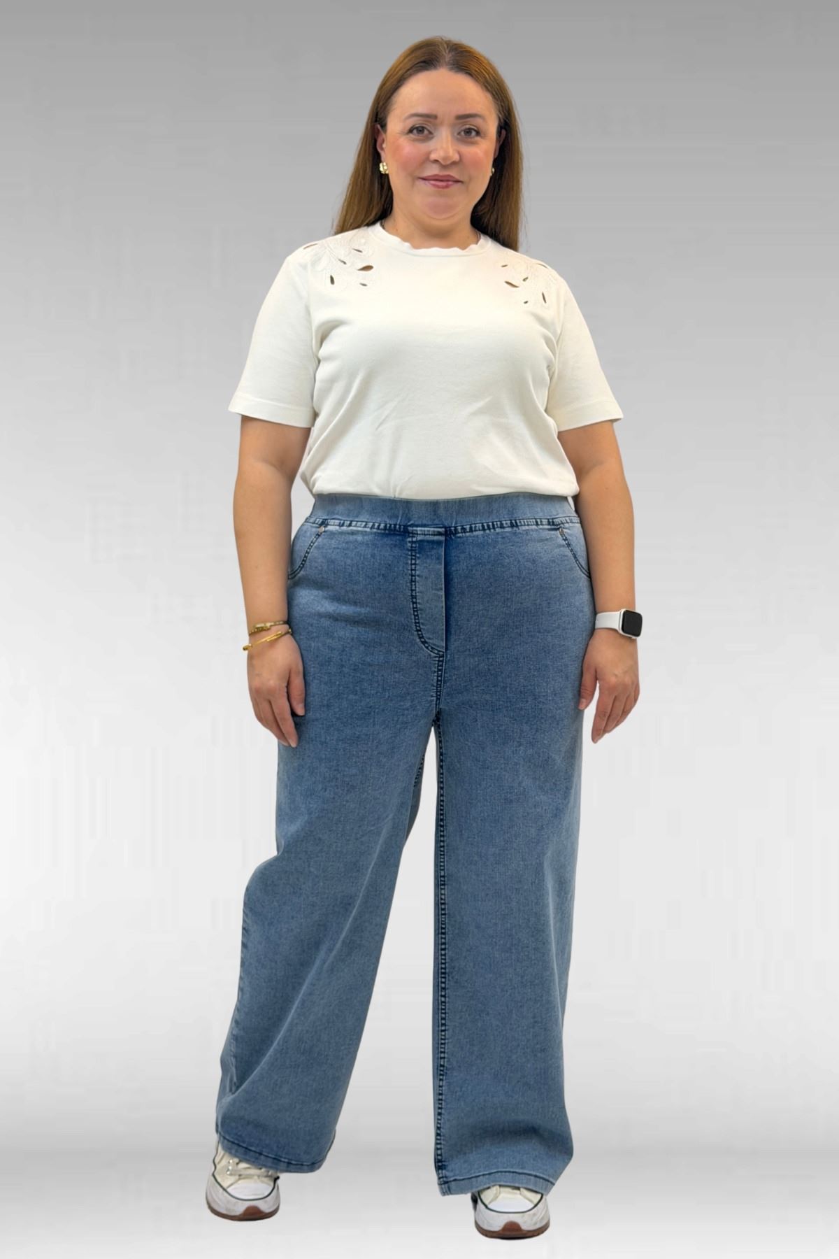 9182-10 Büyük Beden Bolpaça Beli Lastikli Kot Pantolon - Kar Yıkama Mavi