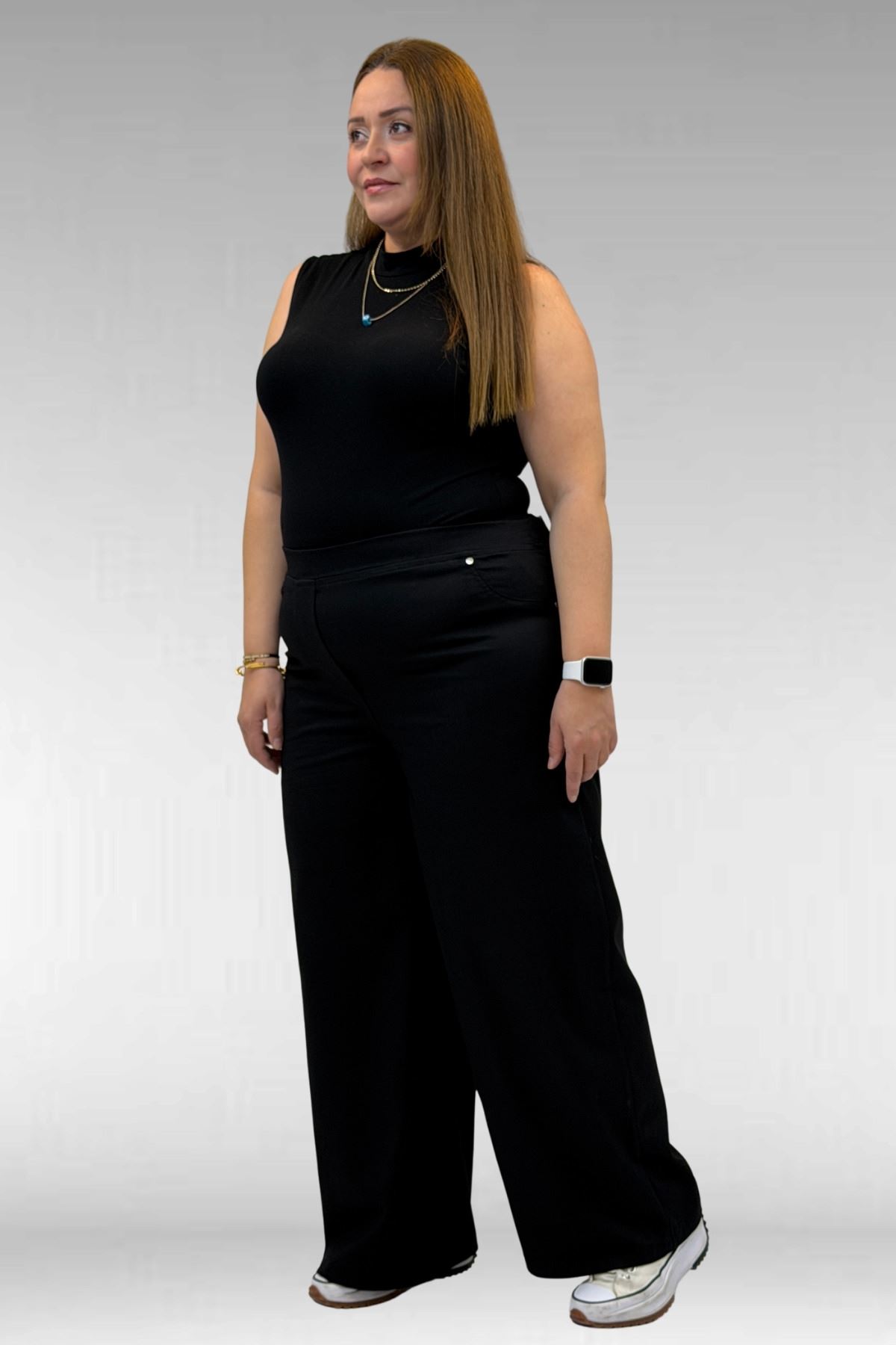 9182-9 Büyük Beden Beli Lastikli Bolpaça Kot Pantolon - Siyah