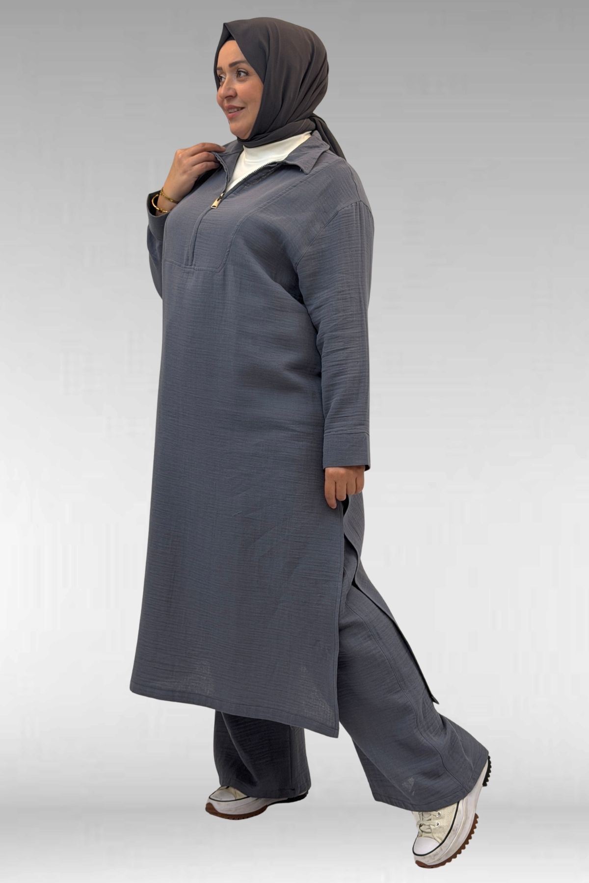 67026 Büyük Beden Erkek Yaka Yarım Fermuarlı Müslin Pantolonlu Takım - Antrasit