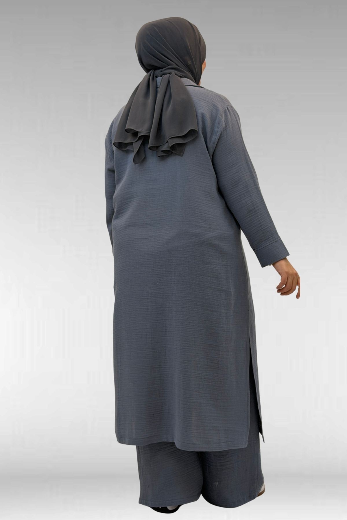 67026 Büyük Beden Erkek Yaka Yarım Fermuarlı Müslin Pantolonlu Takım - Antrasit