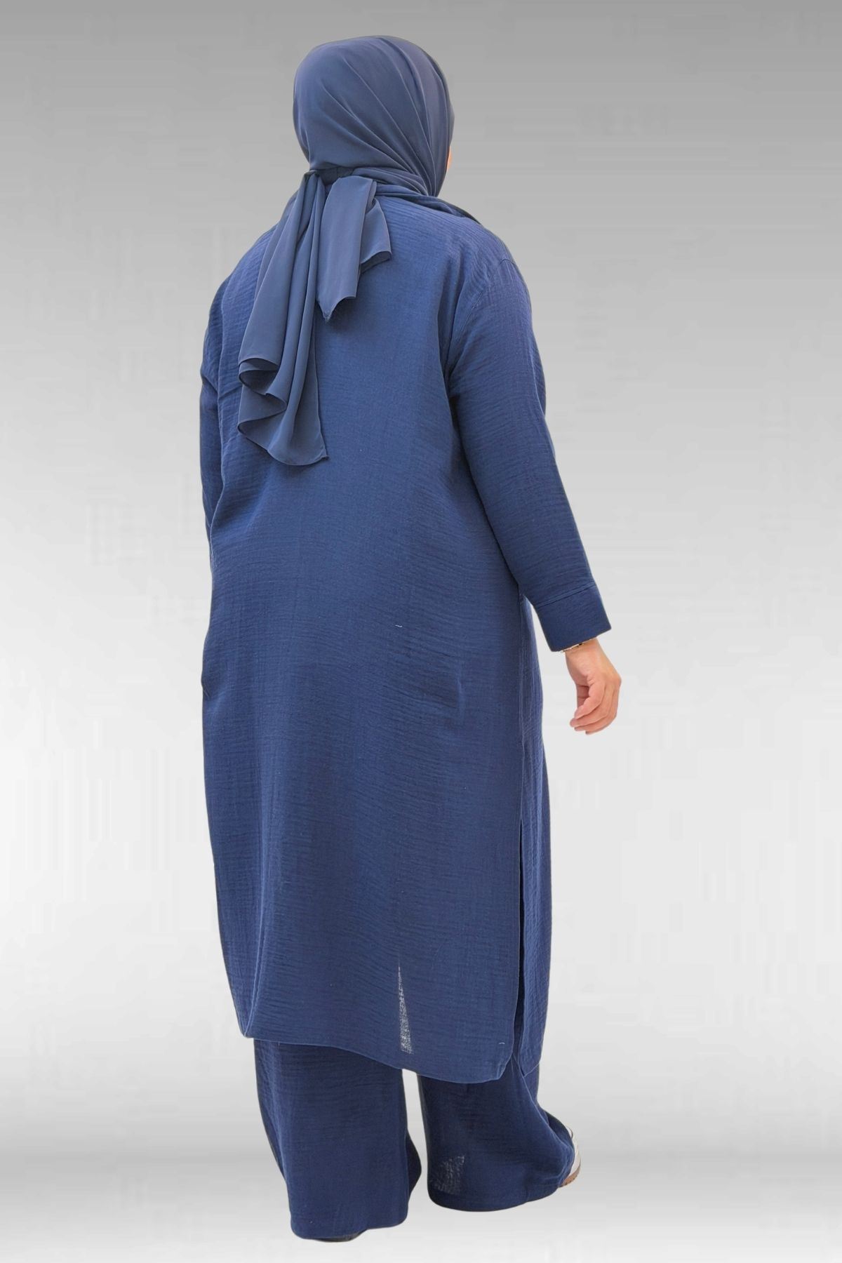 67026 Büyük Beden Erkek Yaka Yarım Fermuarlı Müslin Pantolonlu Takım - Lacivert