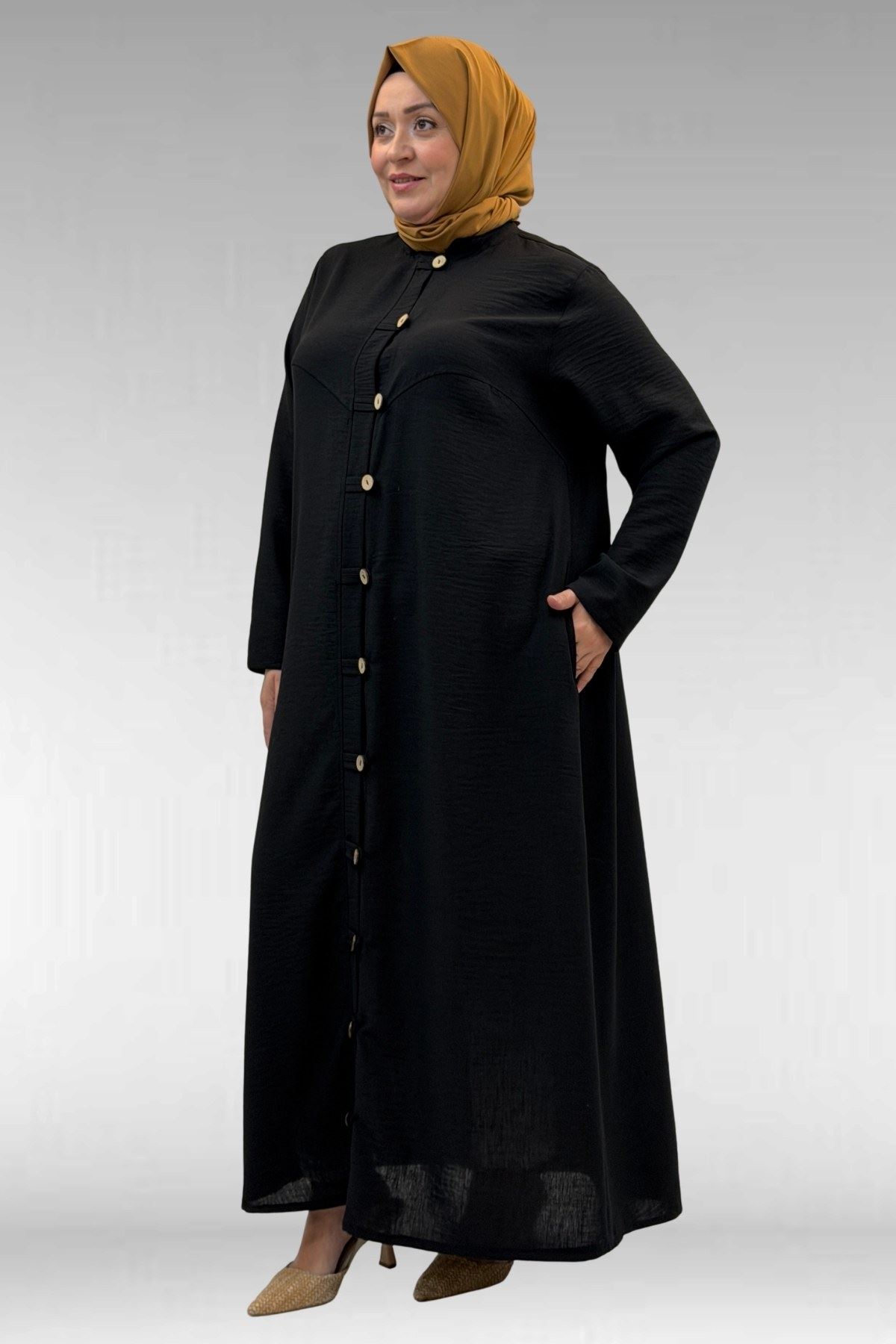 66003 Büyük Beden Boydan Düğmeli Keten Ferace - Siyah