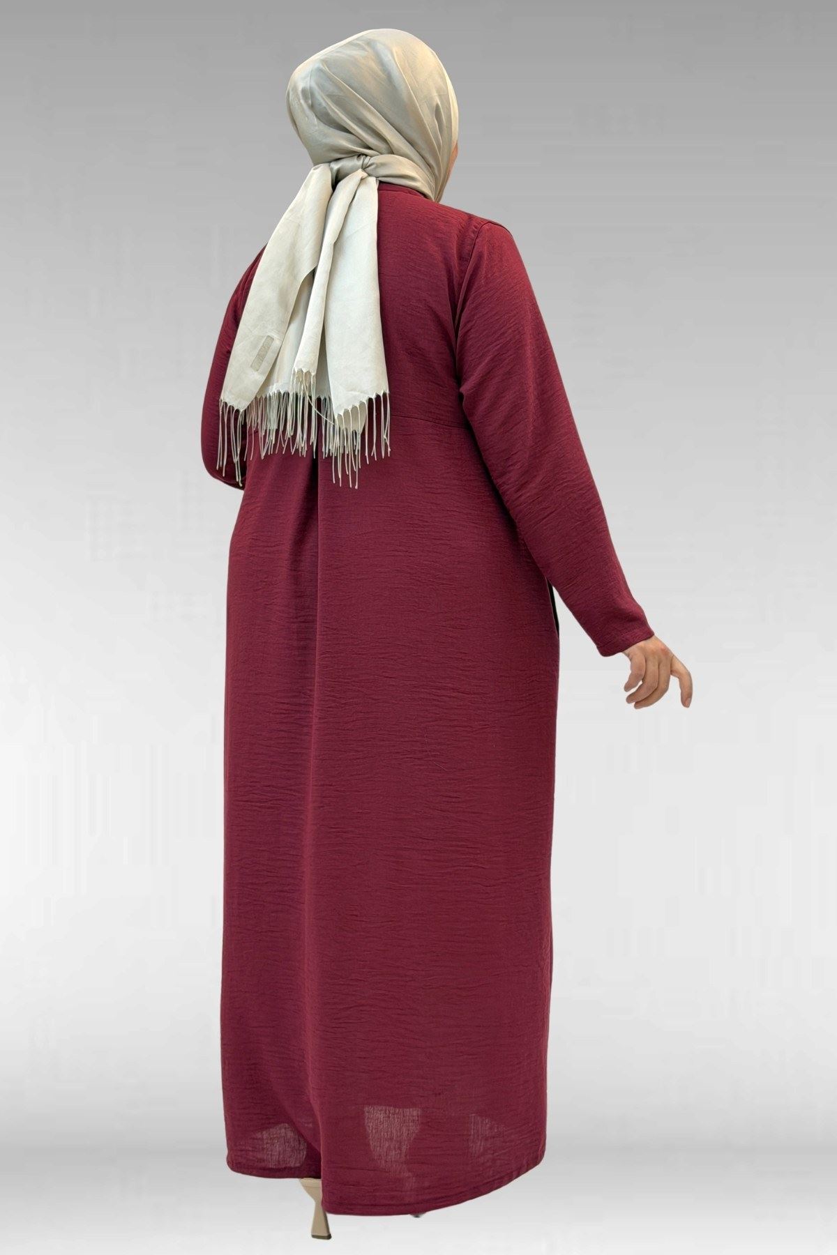 66003 Büyük Beden Boydan Düğmeli Keten Ferace - Bordo