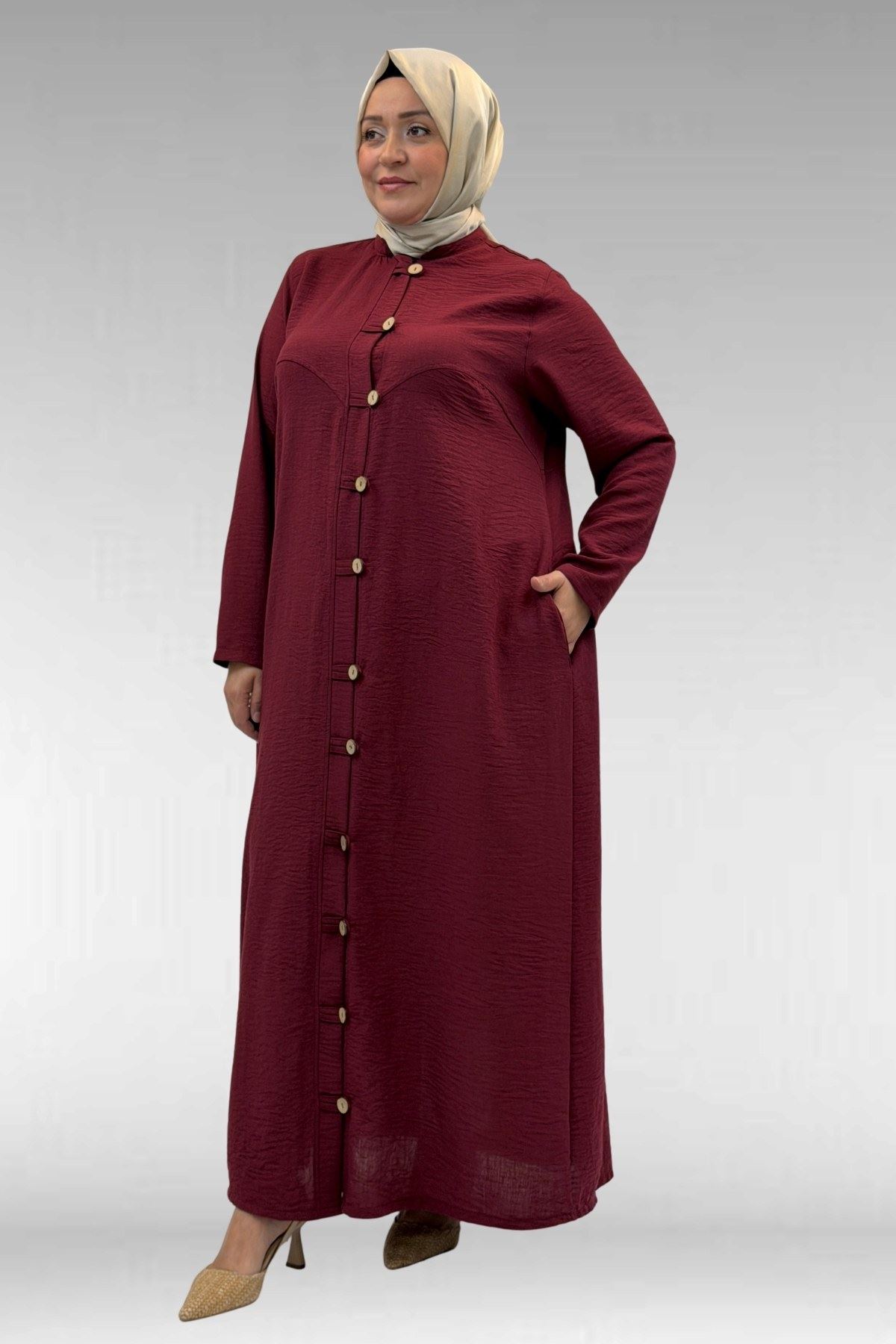 66003 Büyük Beden Boydan Düğmeli Keten Ferace - Bordo