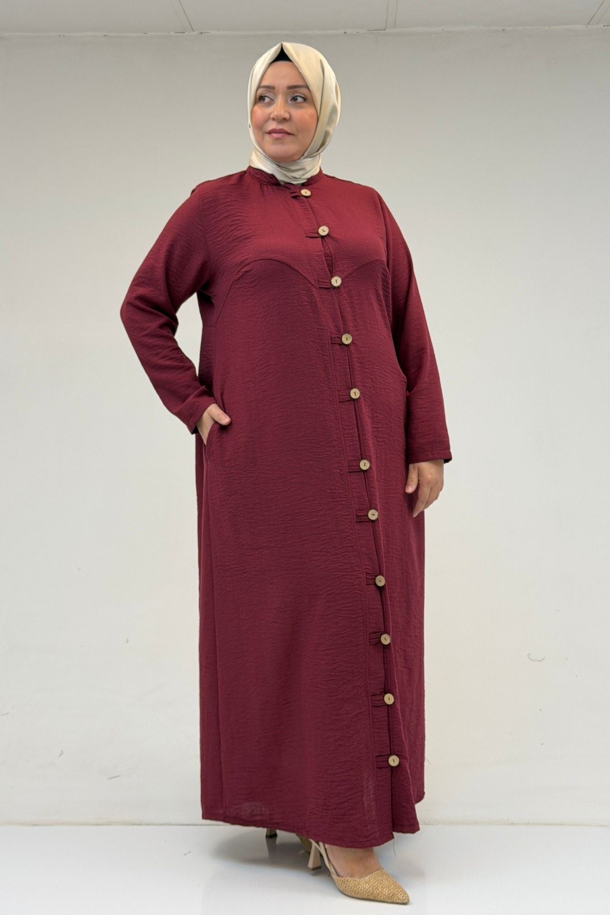 66003 Büyük Beden Boydan Düğmeli Keten Ferace - Bordo