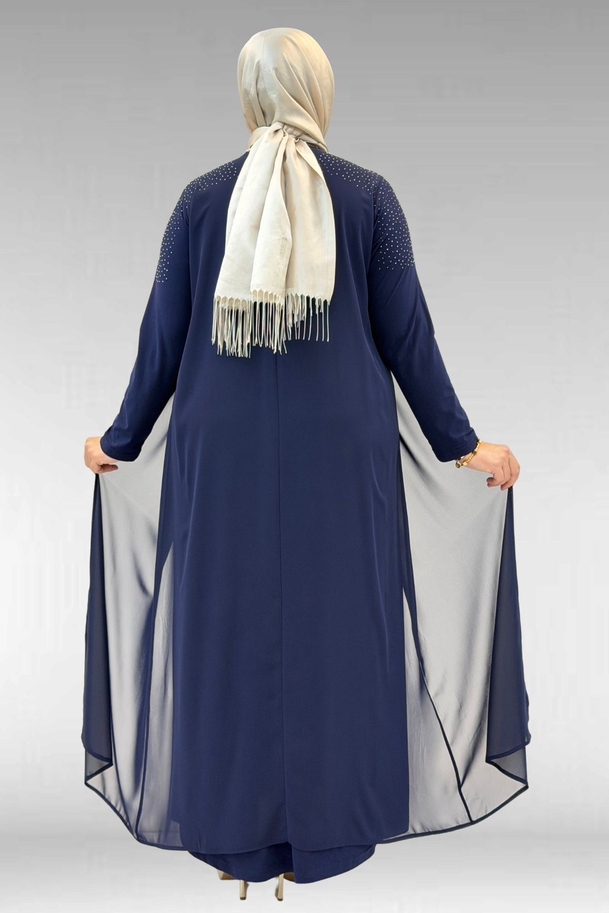 42003 Büyük Beden Taş Detaylı Sandy-Şifon Elbise - Lacivert