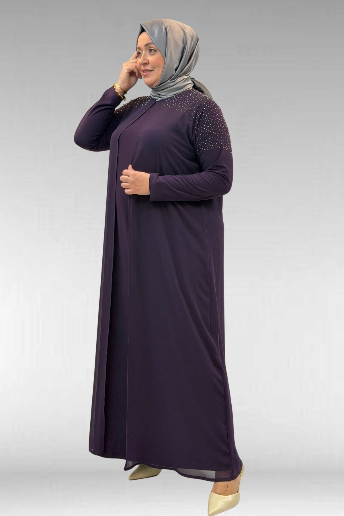 42003 Büyük Beden Taş Detaylı Sandy-Şifon Elbise - Mor