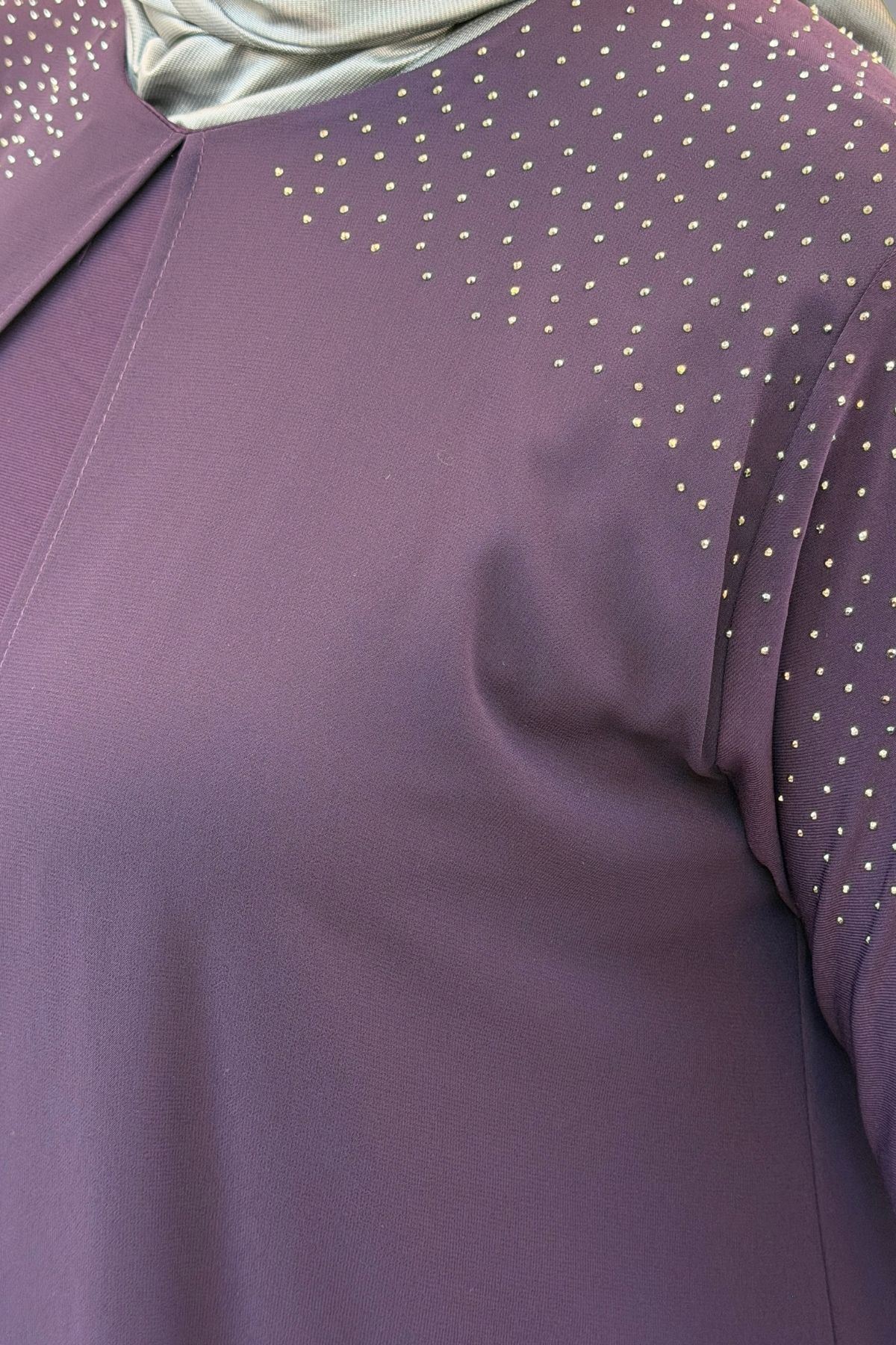 42003 Büyük Beden Taş Detaylı Sandy-Şifon Elbise - Mor