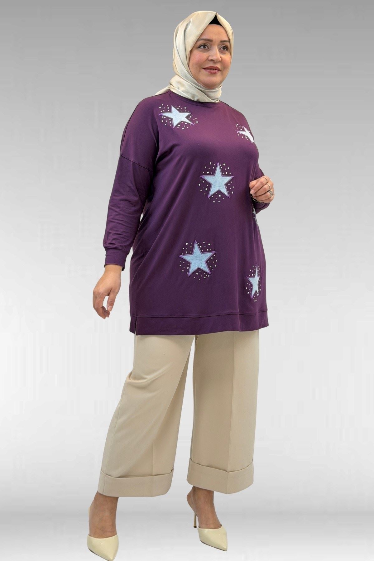 58013 Büyük Beden Önü Yıldız Ve Taş Detaylı Penye Tunik - Mürdüm