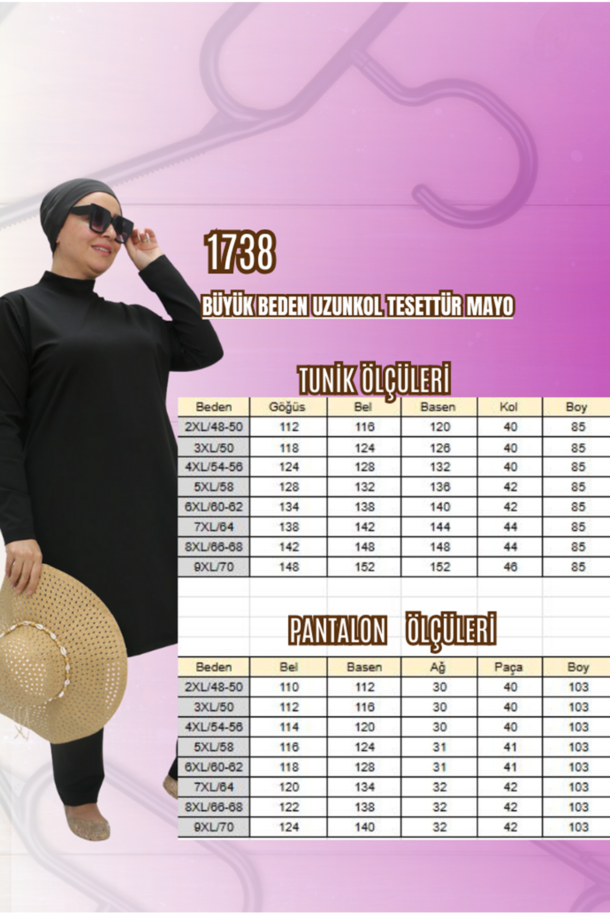 1738 Büyük Beden Düz Renk Tesettür Mayo - İndigo