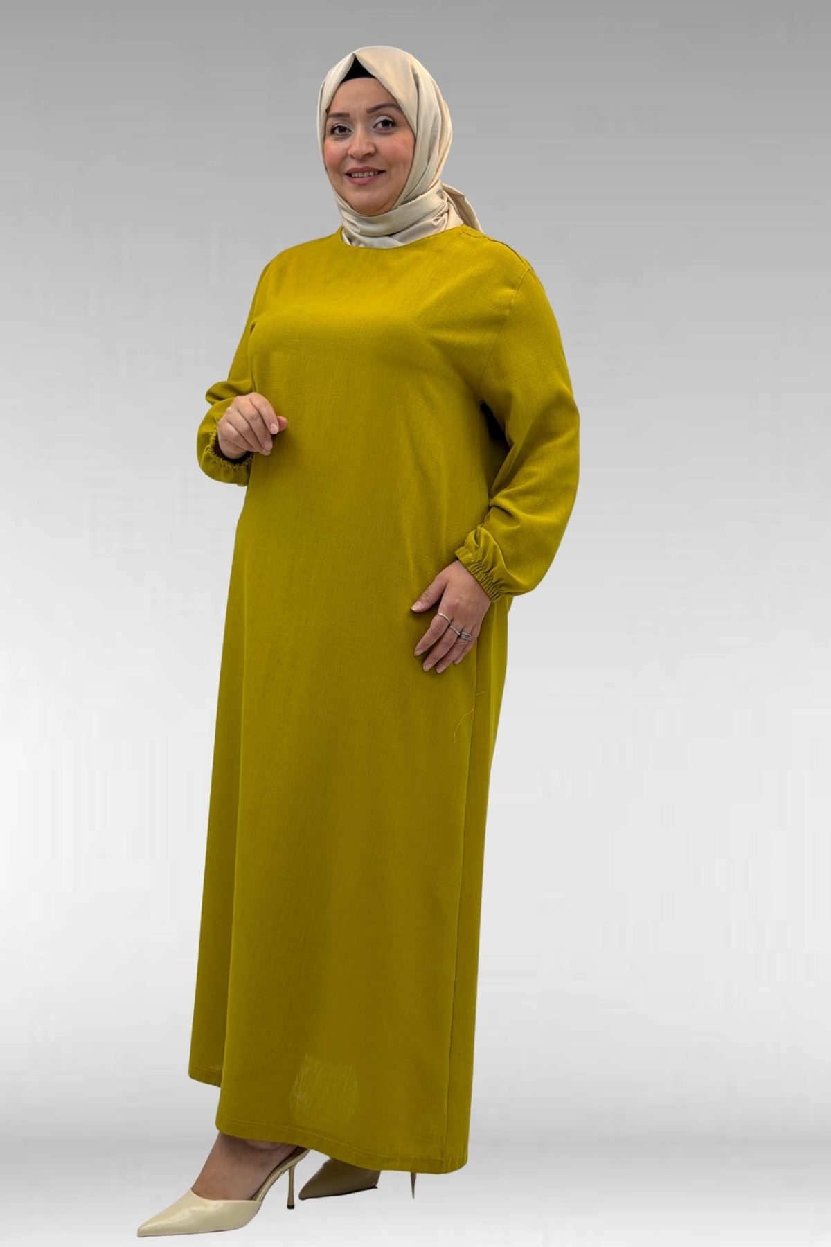 62007 Büyük Beden Kolu Lastikli Elbise - Yağ Yeşili