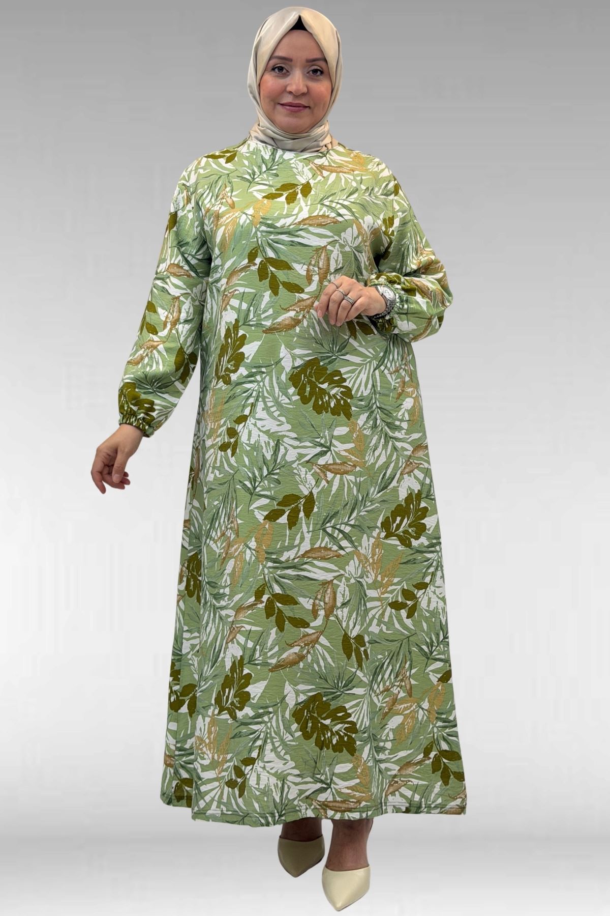 62007 Büyük Beden Kolu Lastikli Elbise - Desenli Haki