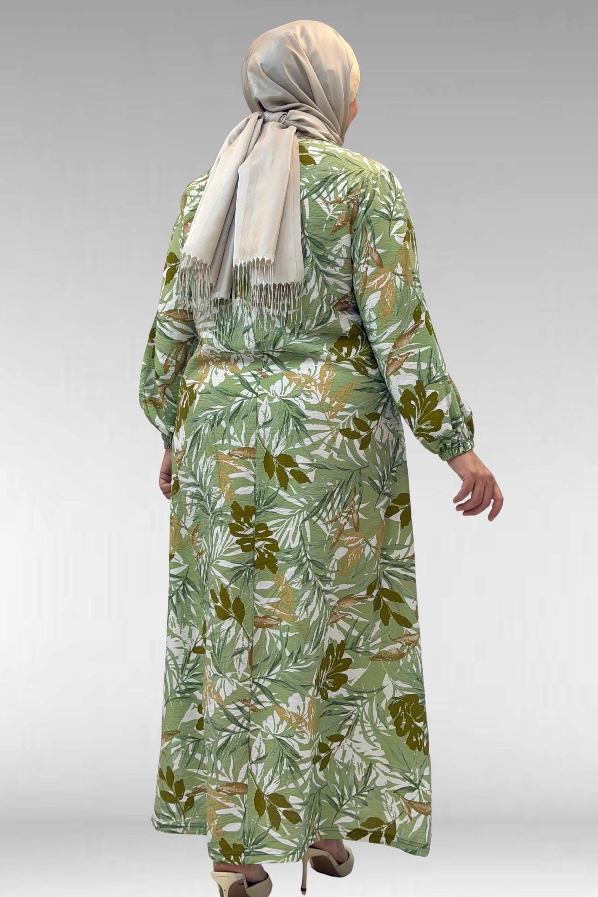 62007 Büyük Beden Kolu Lastikli Elbise - Desenli Haki