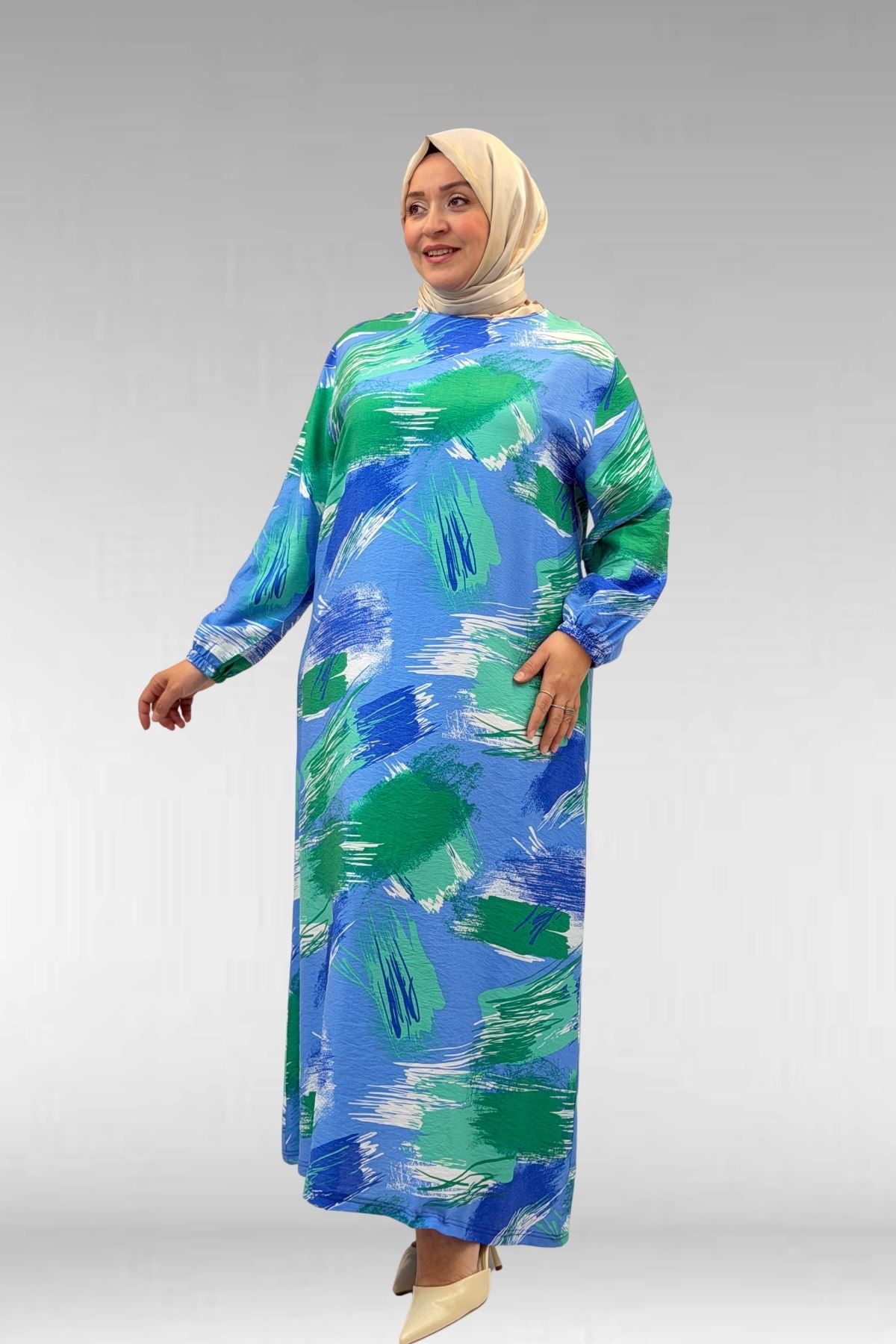 62007 Büyük Beden Kolu Lastikli Elbise - Desenli Mavi