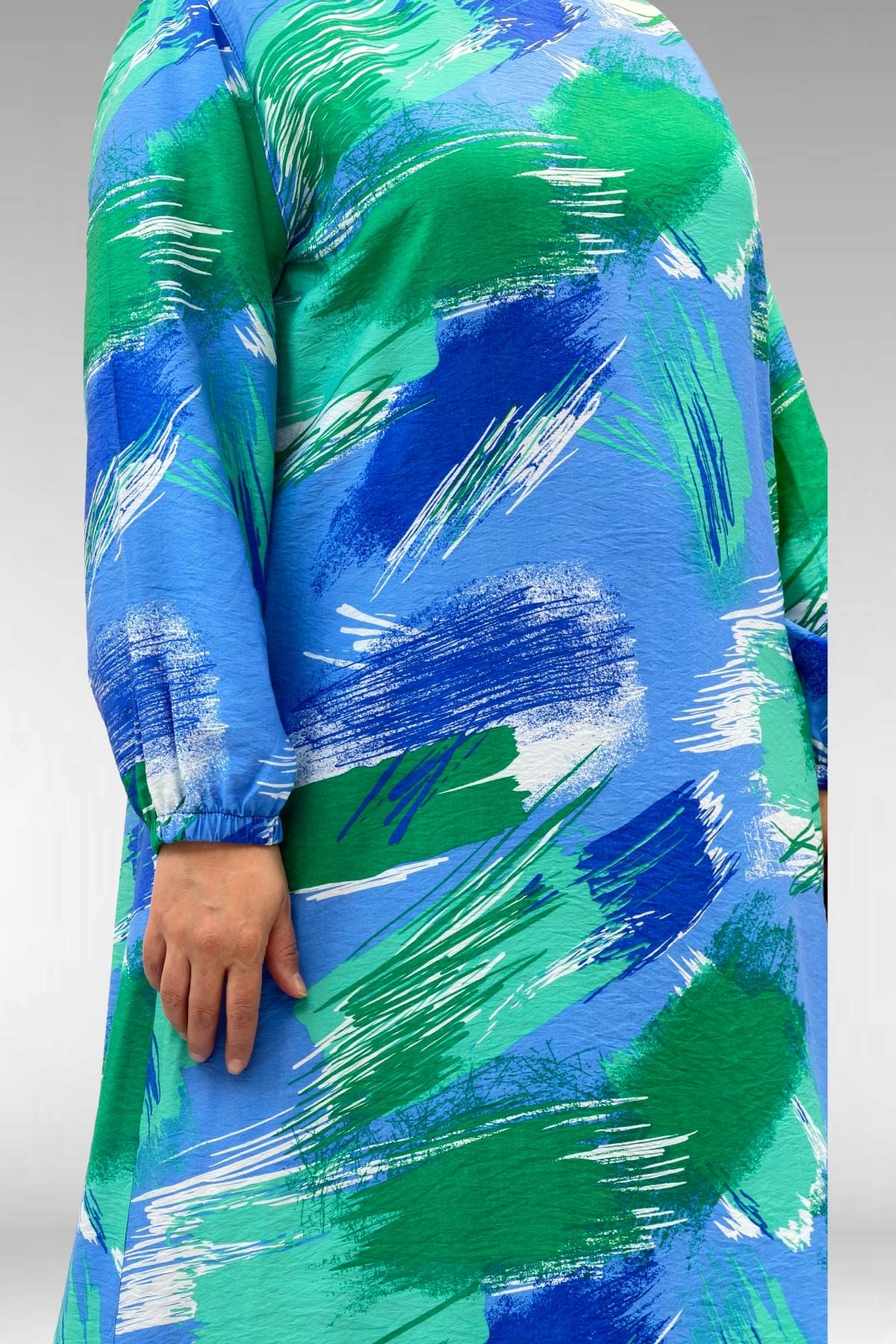 62007 Büyük Beden Kolu Lastikli Elbise - Desenli Mavi