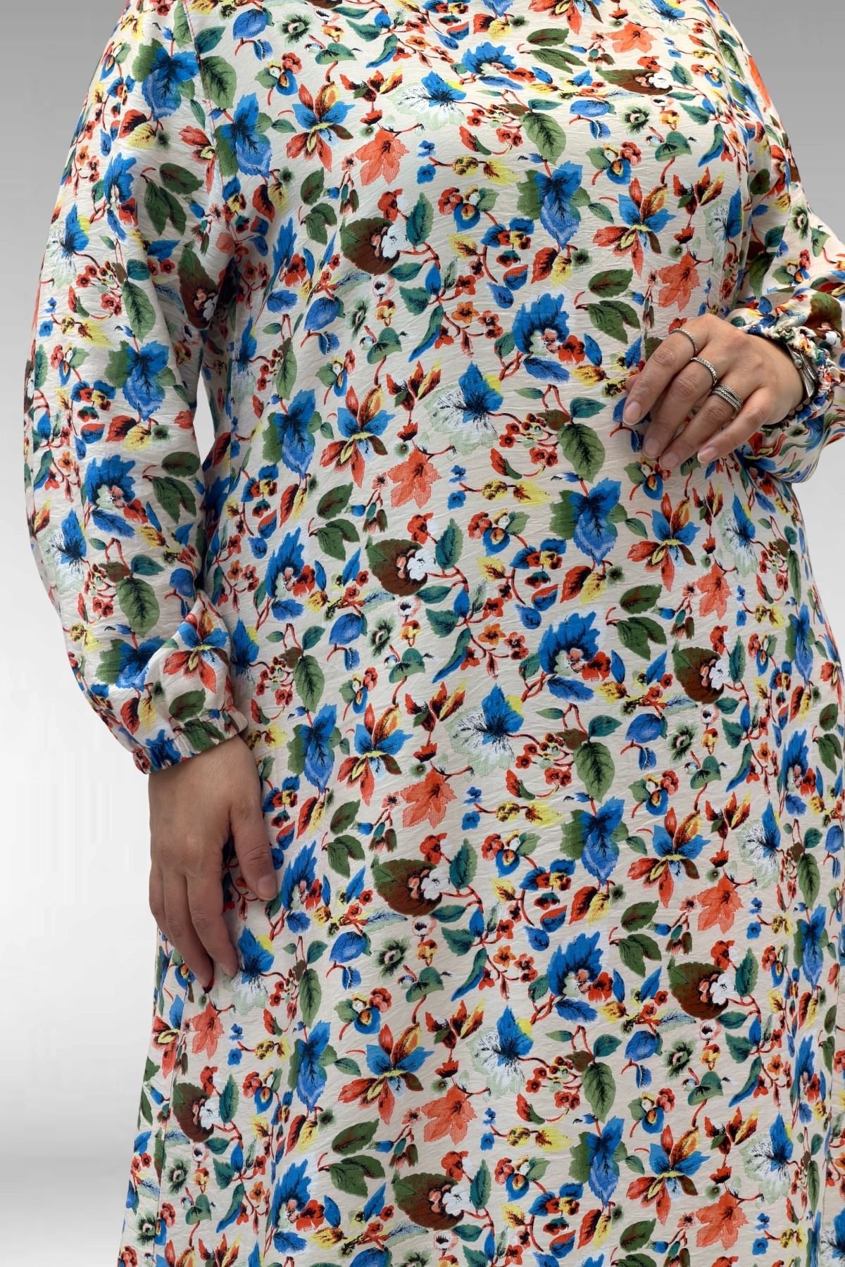 62007 Büyük Beden Kolu Lastikli Elbise - Desenli Taş