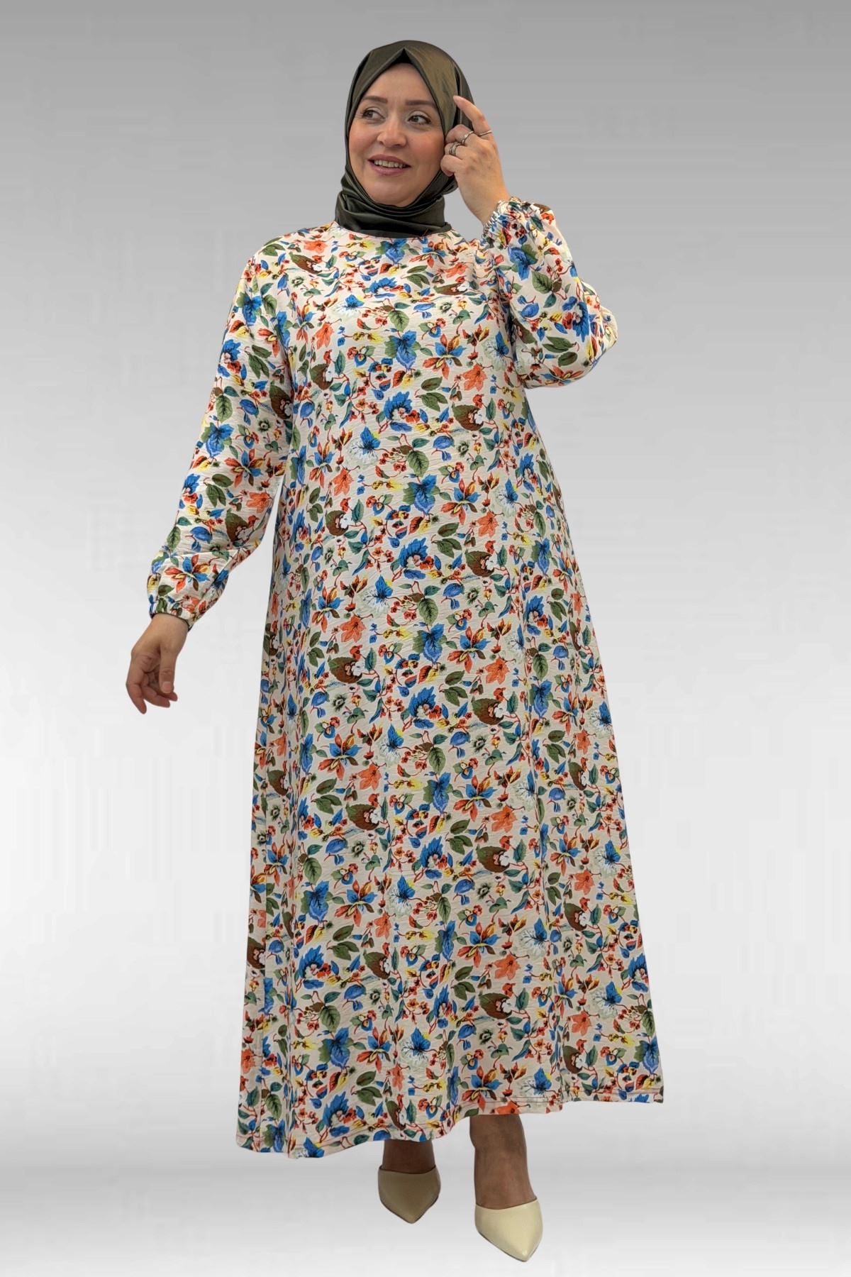 62007 Büyük Beden Kolu Lastikli Elbise - Desenli Taş