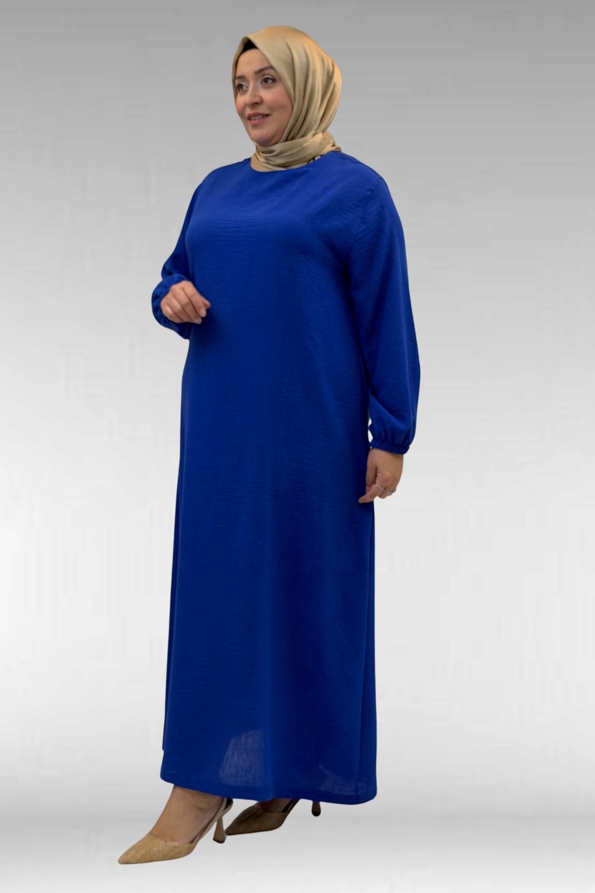 62007 Büyük Beden Kolu Lastikli Elbise - Saks