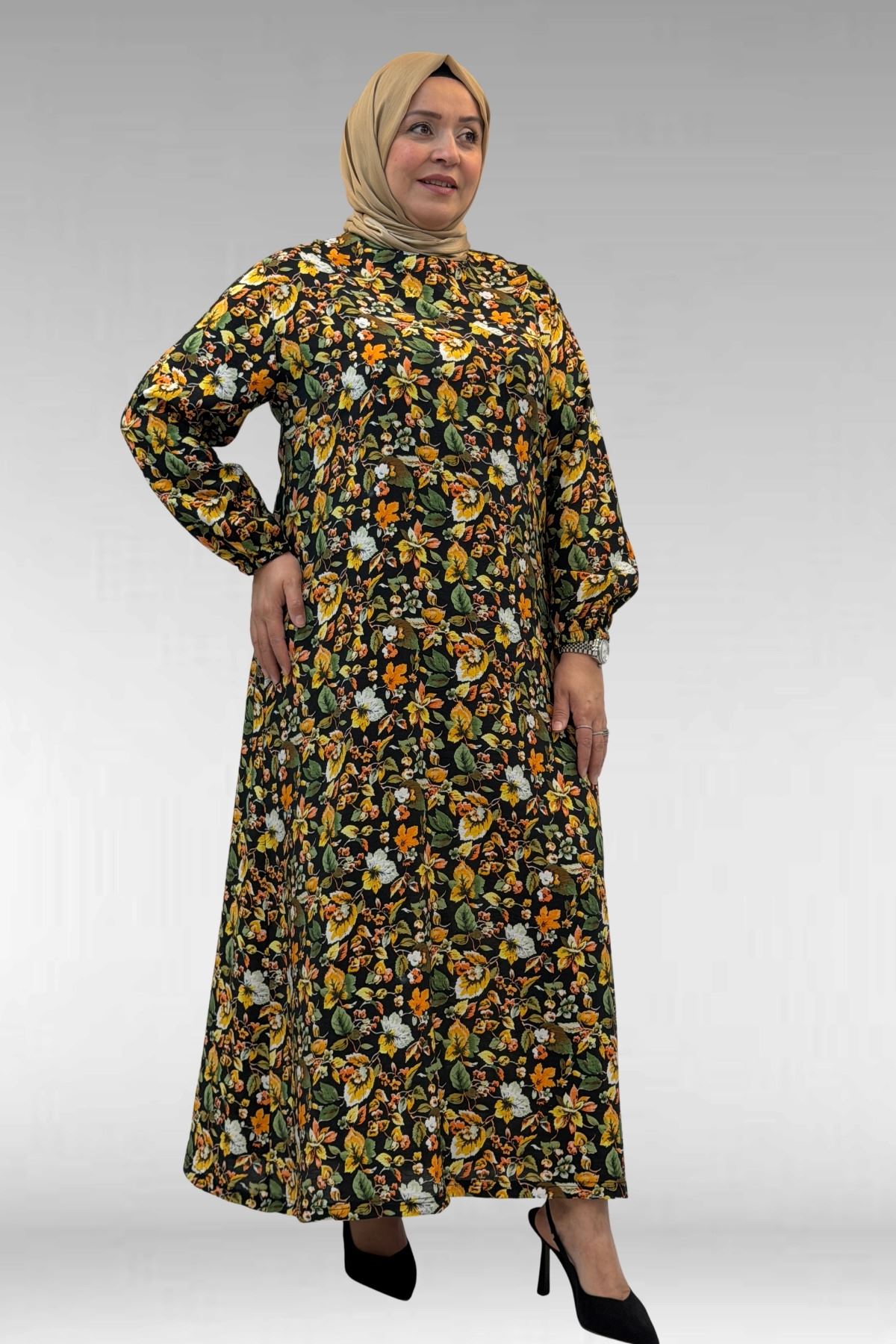 62007 Büyük Beden Kolu Lastikli Elbise - Desenli Siyah