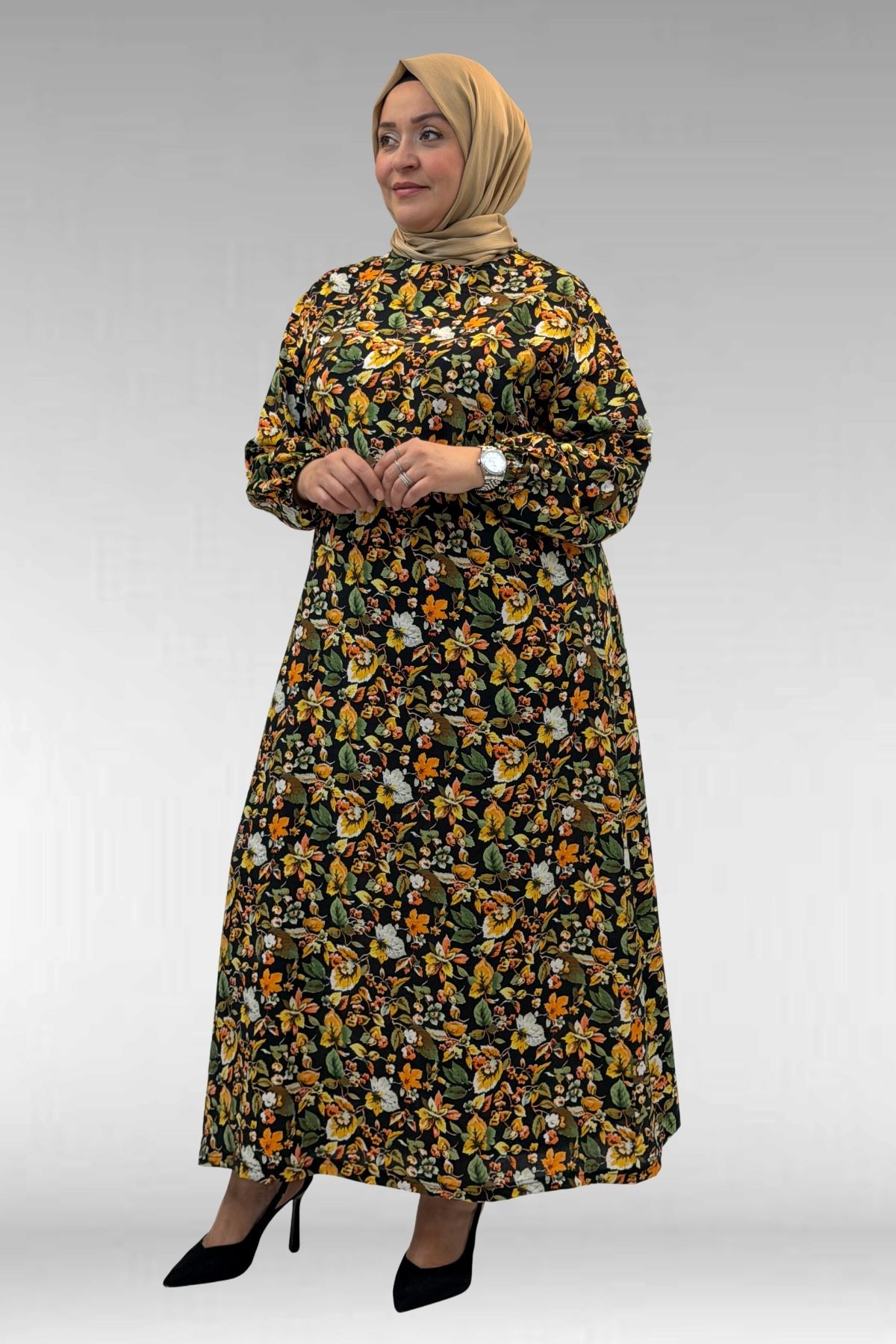 62007 Büyük Beden Kolu Lastikli Elbise - Desenli Siyah