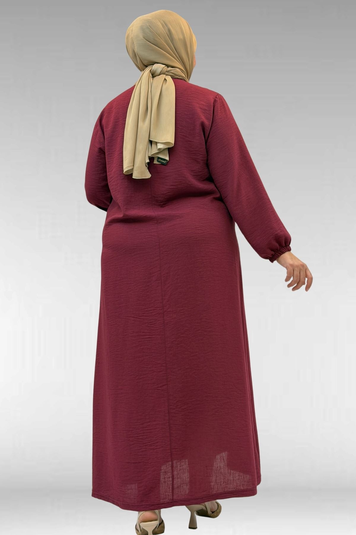 62007 Büyük Beden Kolu Lastikli Elbise - Bordo