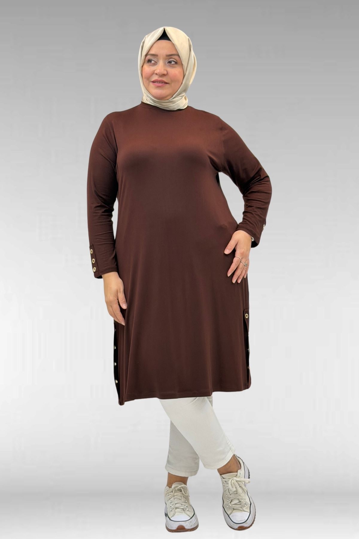 68029 Büyük Beden Yanları Kuşgözü Detaylı Penye Tunik - Kahve