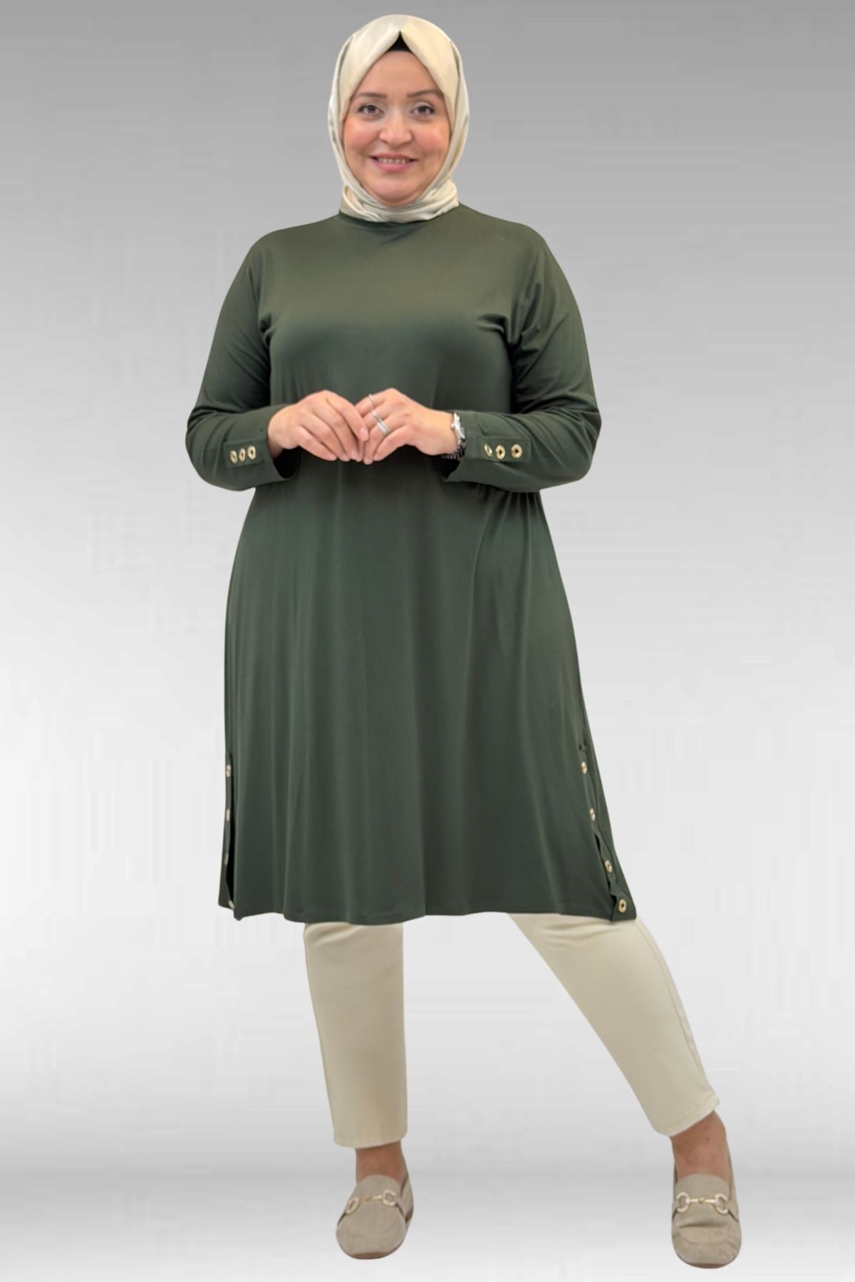 68029 Büyük Beden Yanları Kuşgözü Detaylı Penye Tunik - Haki