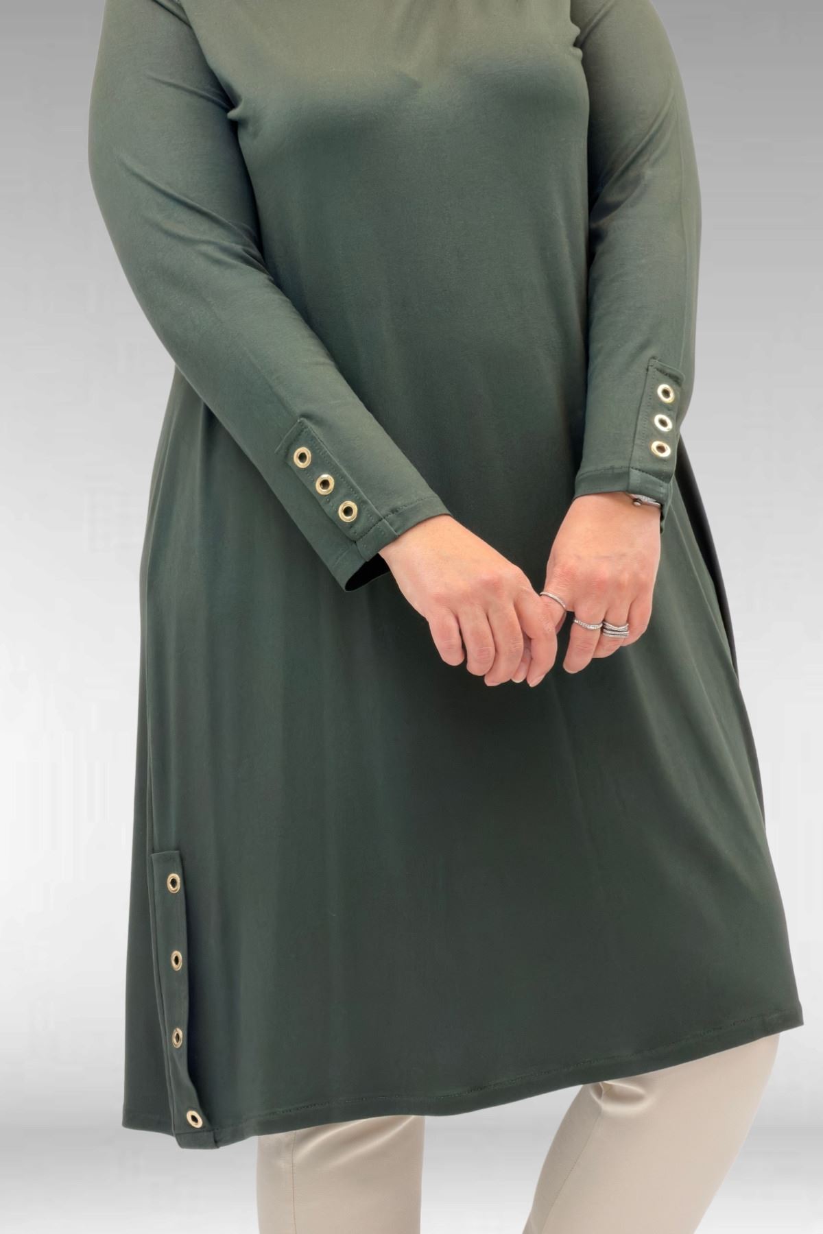 68029 Büyük Beden Yanları Kuşgözü Detaylı Penye Tunik - Haki