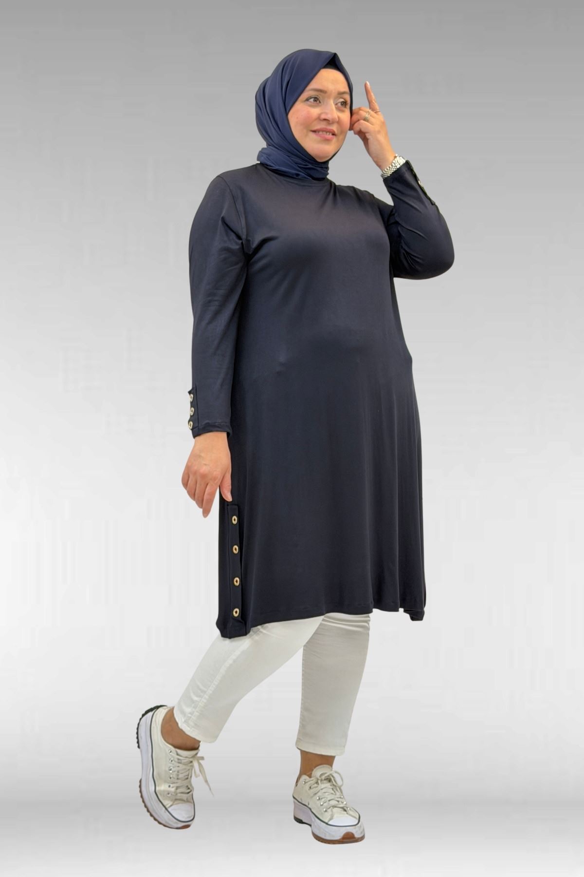 68029 Büyük Beden Yanları Kuşgözü Detaylı Penye Tunik - Koyu Lacivert