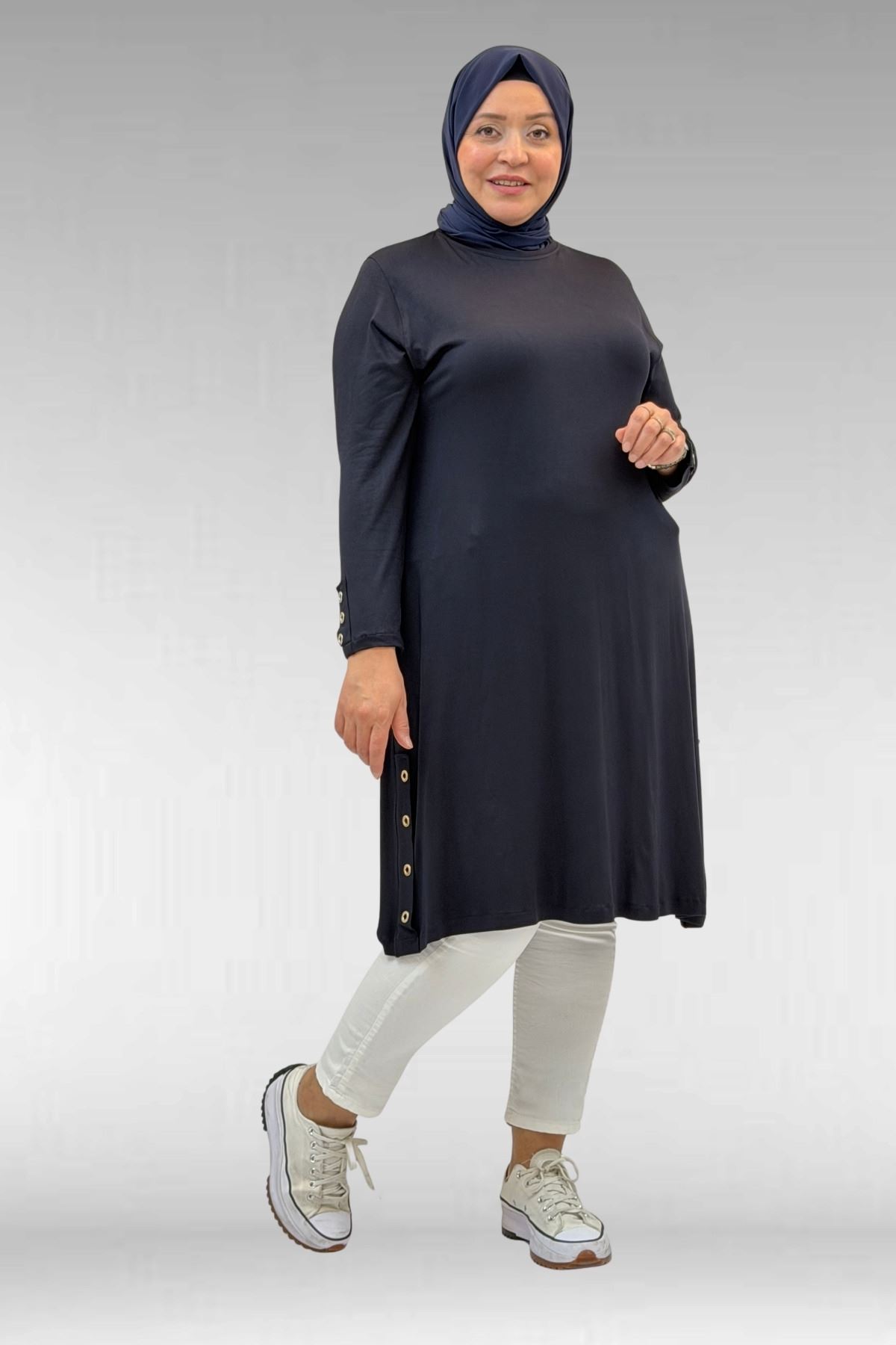 68029 Büyük Beden Yanları Kuşgözü Detaylı Penye Tunik - Koyu Lacivert
