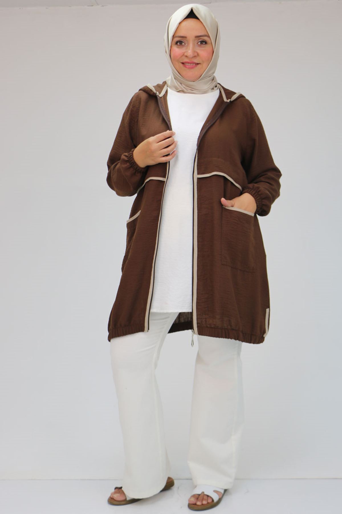 43032 Büyük Beden Biye Detaylı  Keten Kap - Kahve