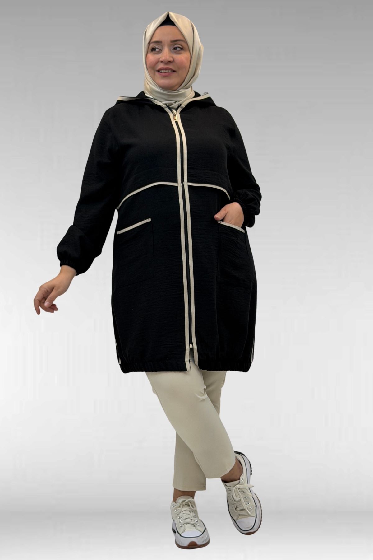 43032 Büyük Beden Biye Detaylı  Keten Kap - Siyah