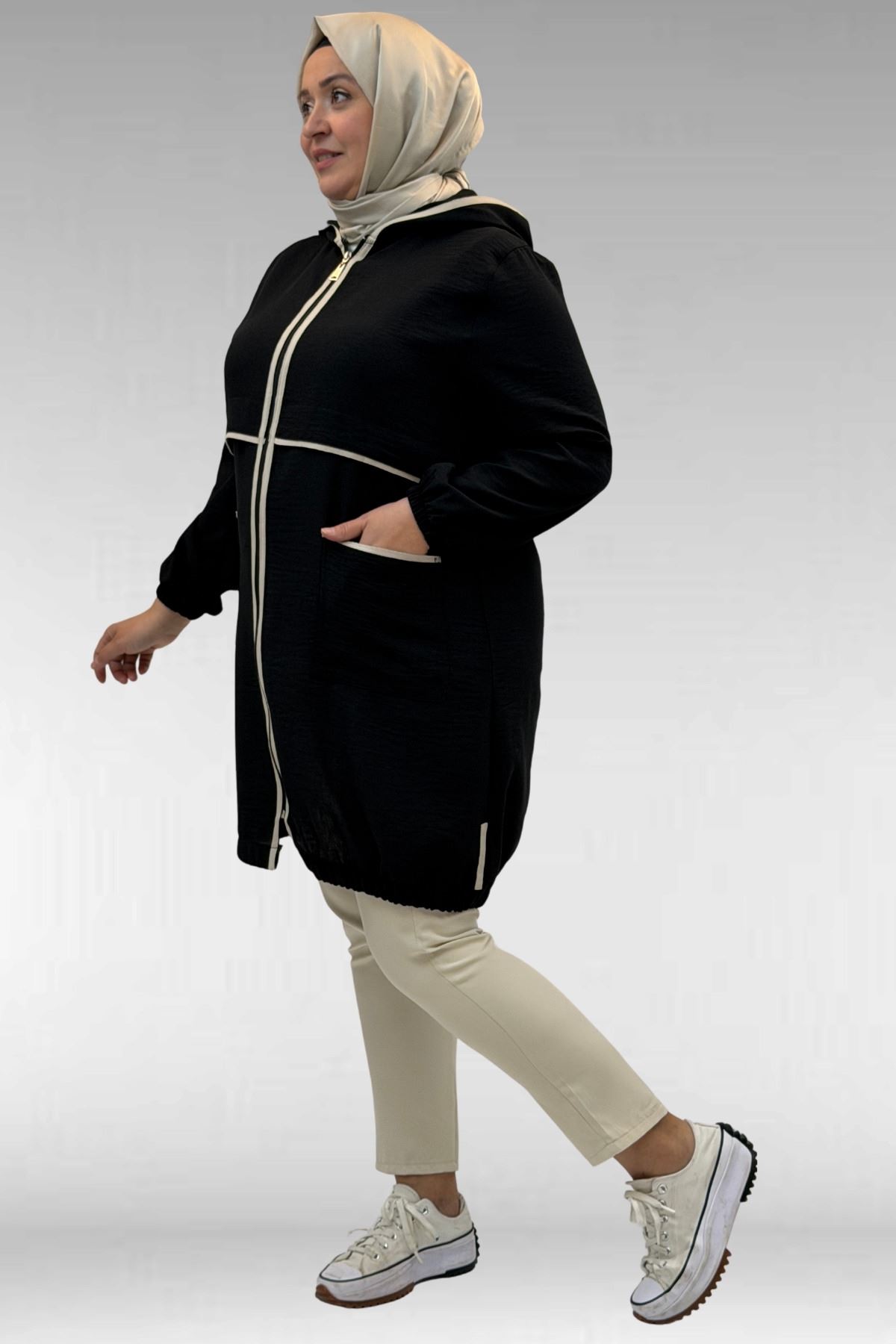 43032 Büyük Beden Biye Detaylı  Keten Kap - Siyah