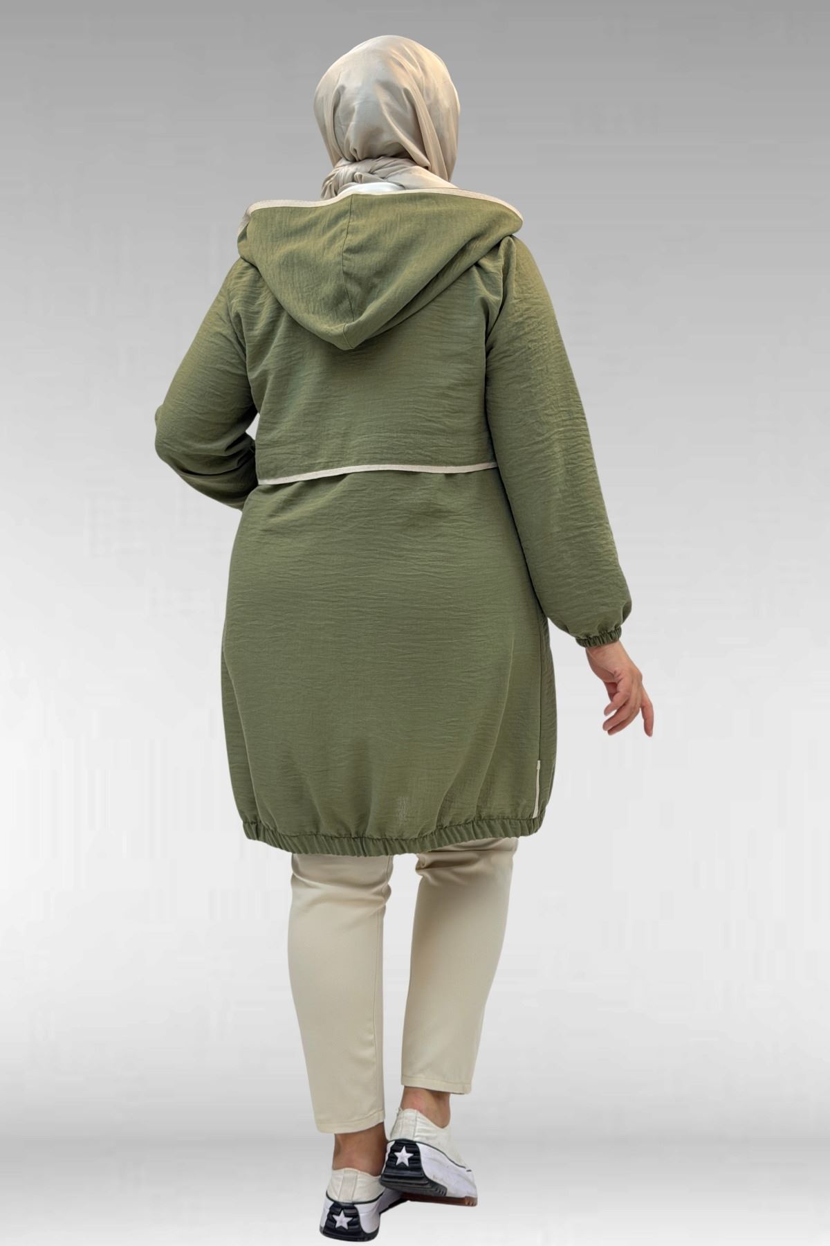 43032 Büyük Beden Biye Detaylı  Keten Kap - Haki