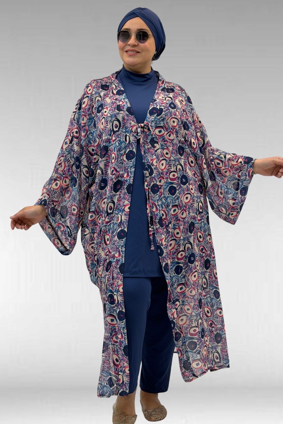 1735 Büyük Beden Garni Detaylı Pareo - Göz Desen İndigo