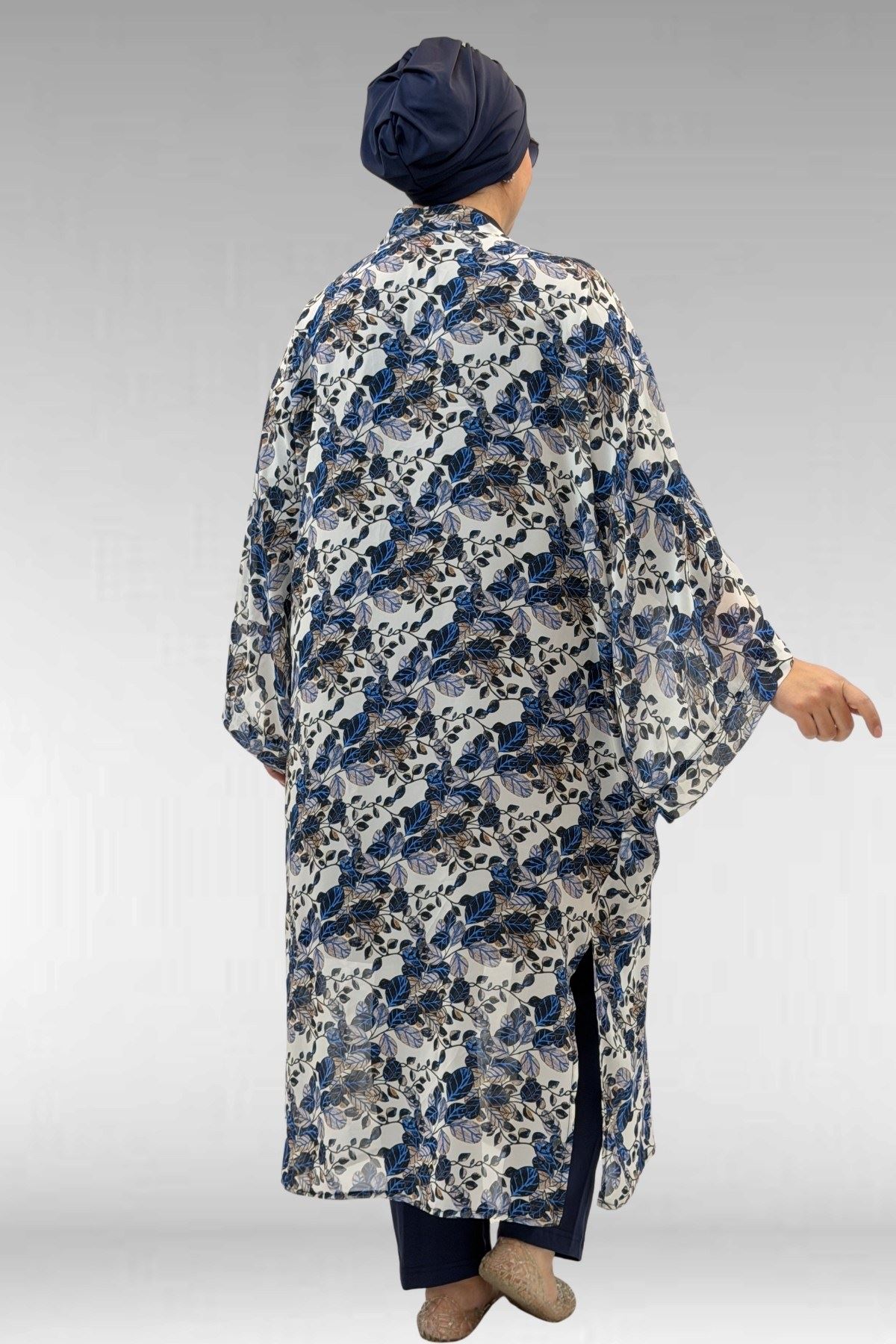 1735 Büyük Beden Garni Detaylı Pareo - Yaprak Desen Mavi