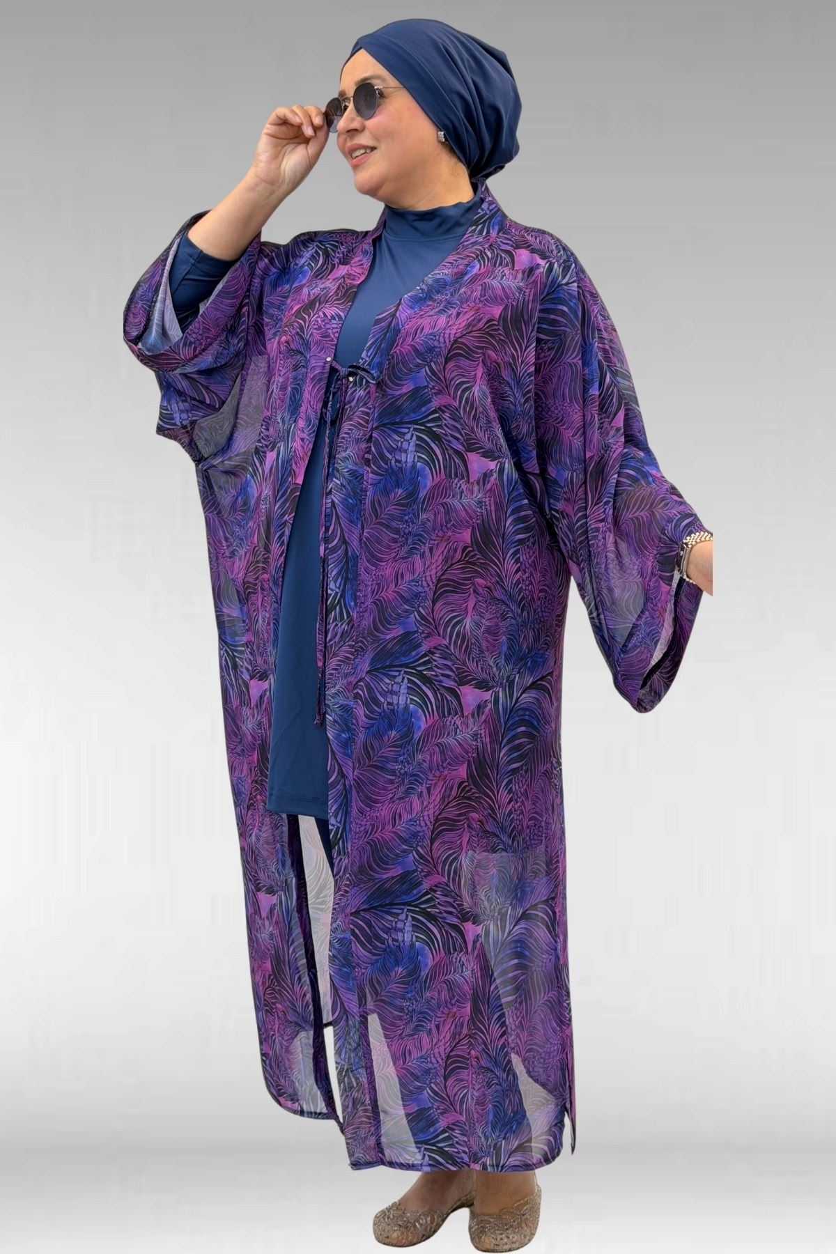 1735 Büyük Beden Garni Detaylı Pareo - Yaprak Desen Mor