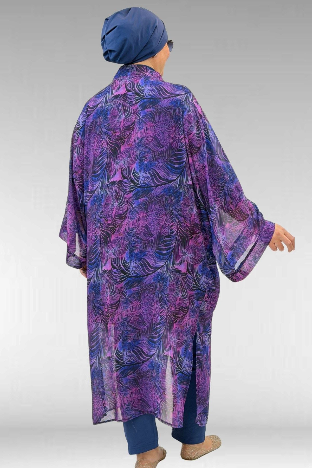 1735 Büyük Beden Garni Detaylı Pareo - Yaprak Desen Mor