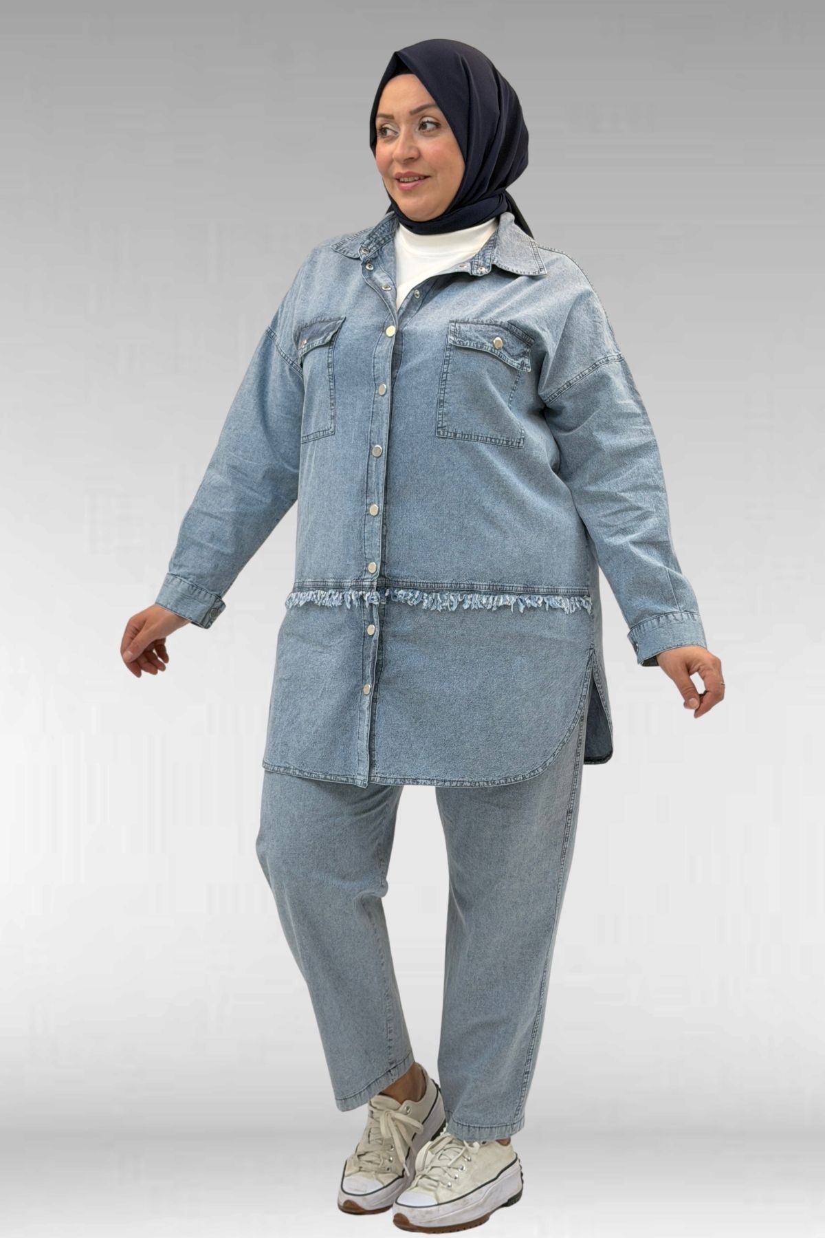 67045 Büyük Beden Püskül ve Cep Detaylı Tensel Pantolonlu Takım - Kar Yıkama Mavi