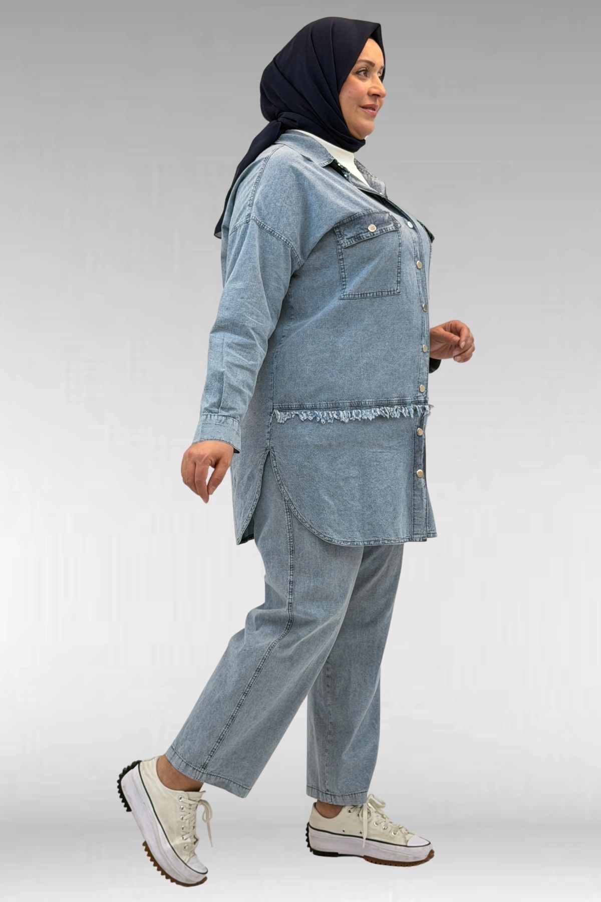 67045 Büyük Beden Püskül ve Cep Detaylı Tensel Pantolonlu Takım - Kar Yıkama Mavi