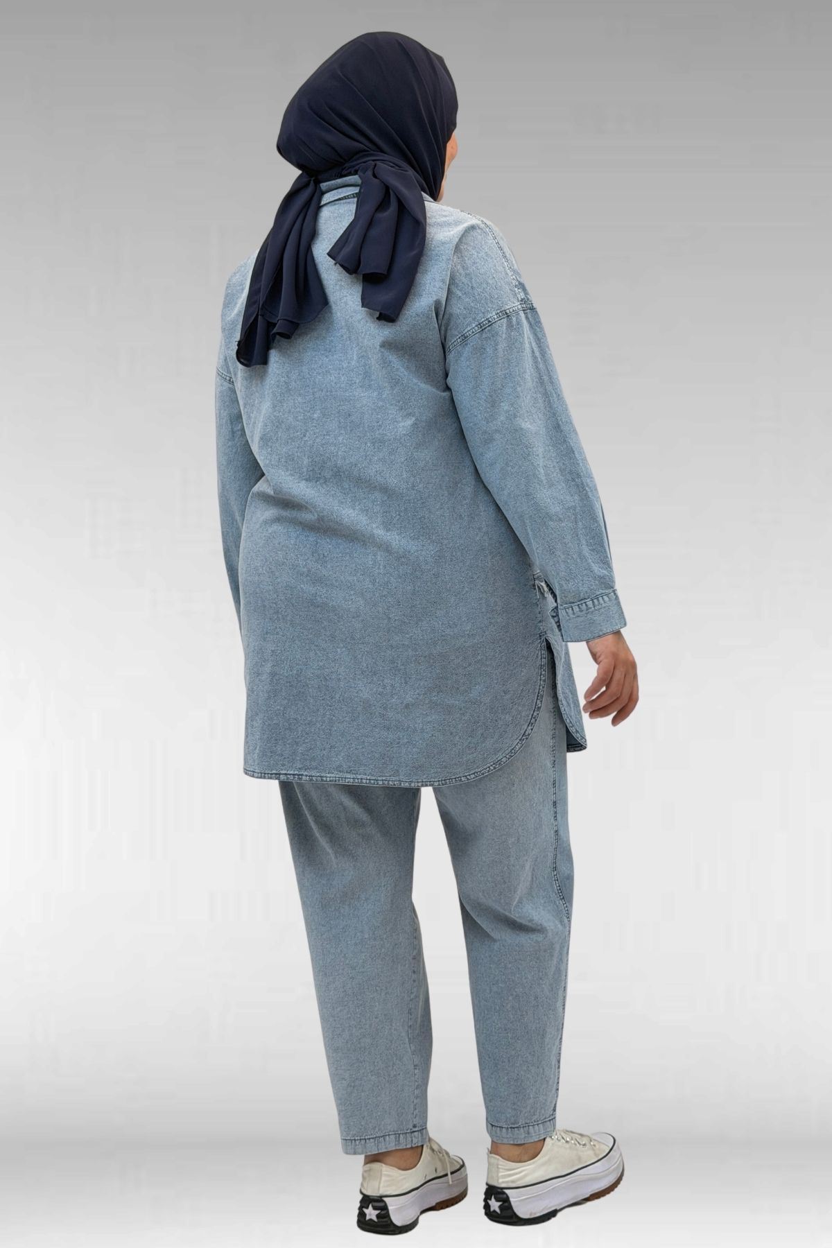 67045 Büyük Beden Püskül ve Cep Detaylı Tensel Pantolonlu Takım - Kar Yıkama Mavi