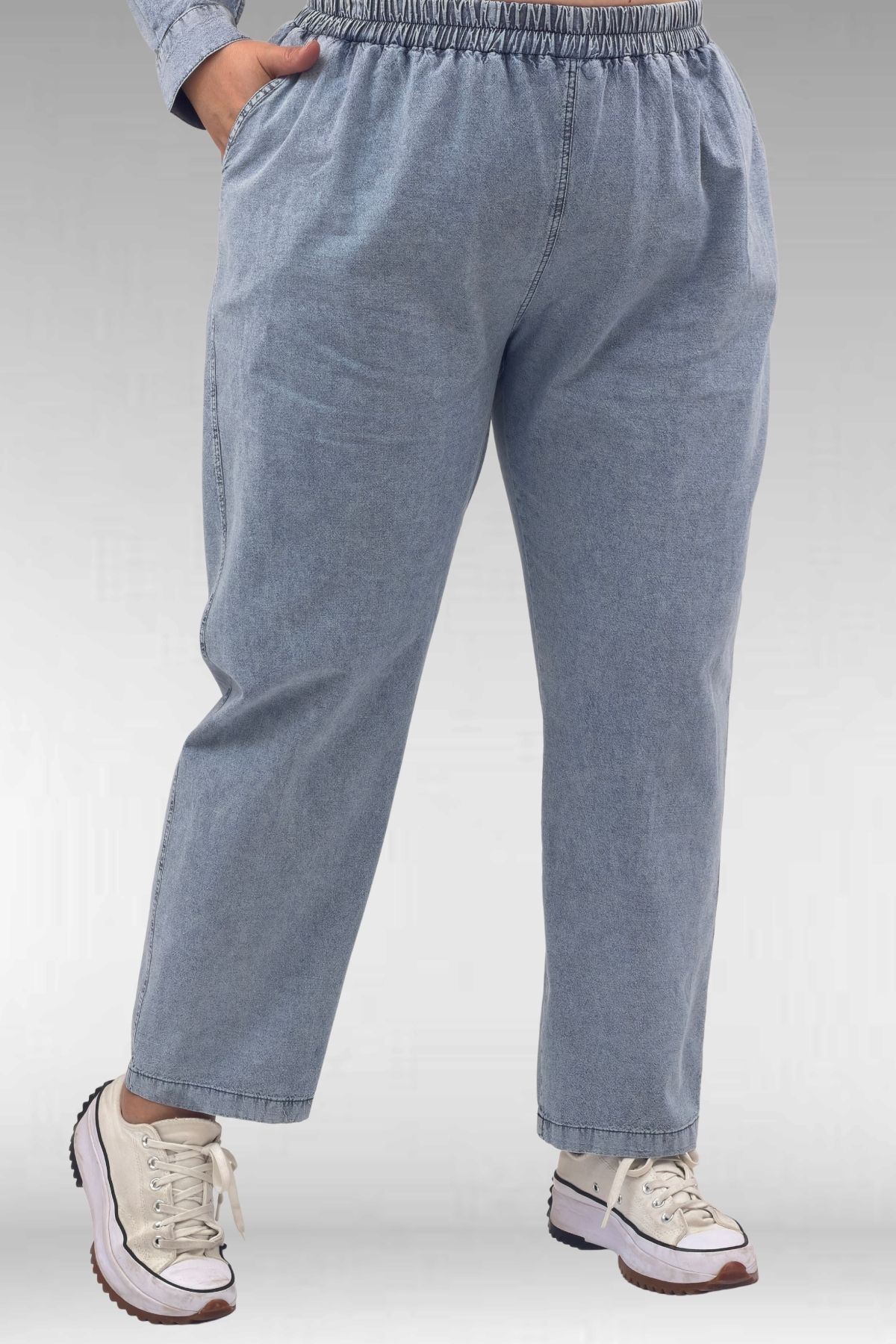 67045 Büyük Beden Püskül ve Cep Detaylı Tensel Pantolonlu Takım - Kar Yıkama Mavi