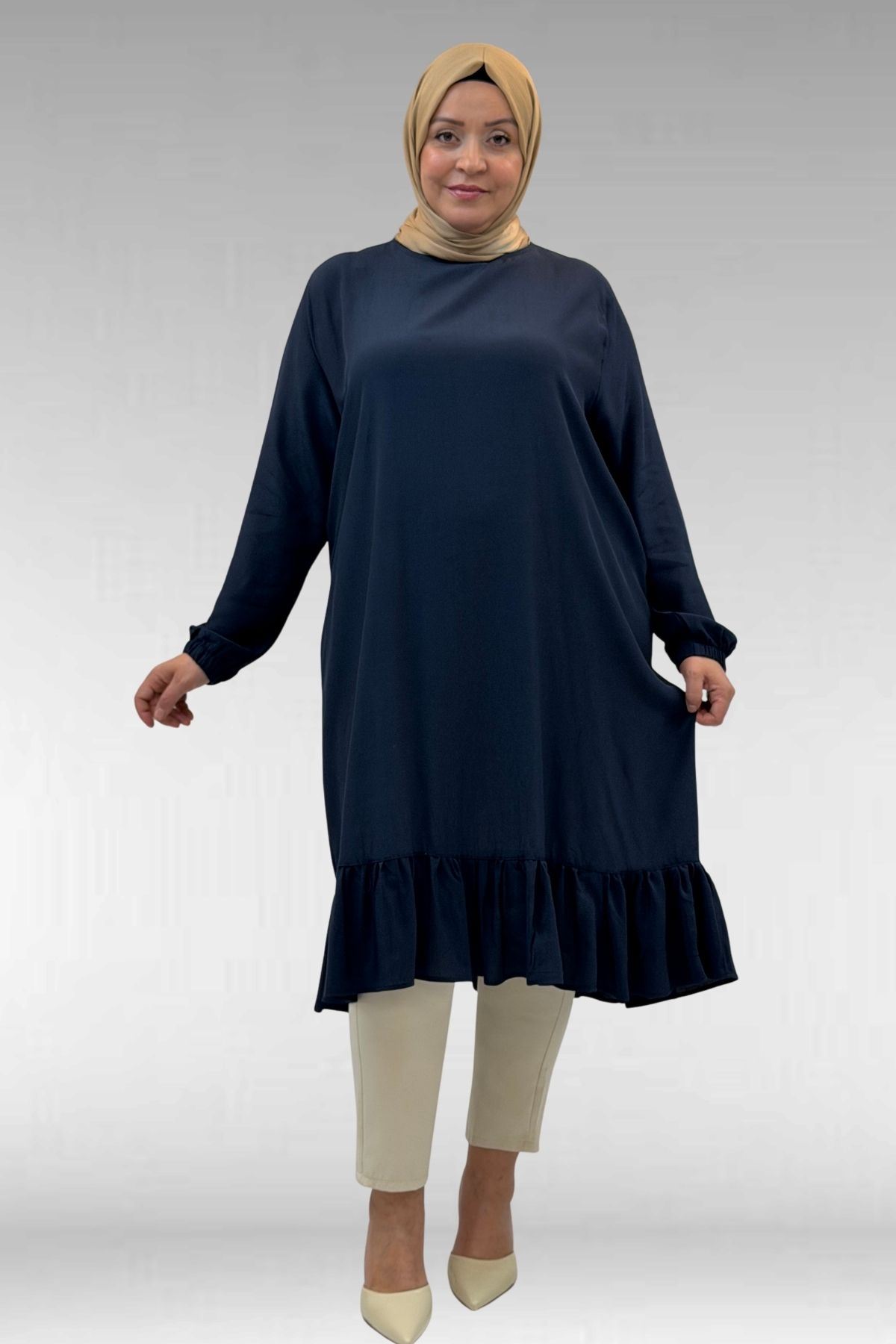 68033 Büyük Beden Eteği Fırfırlı Maroken Tunik - Lacivert