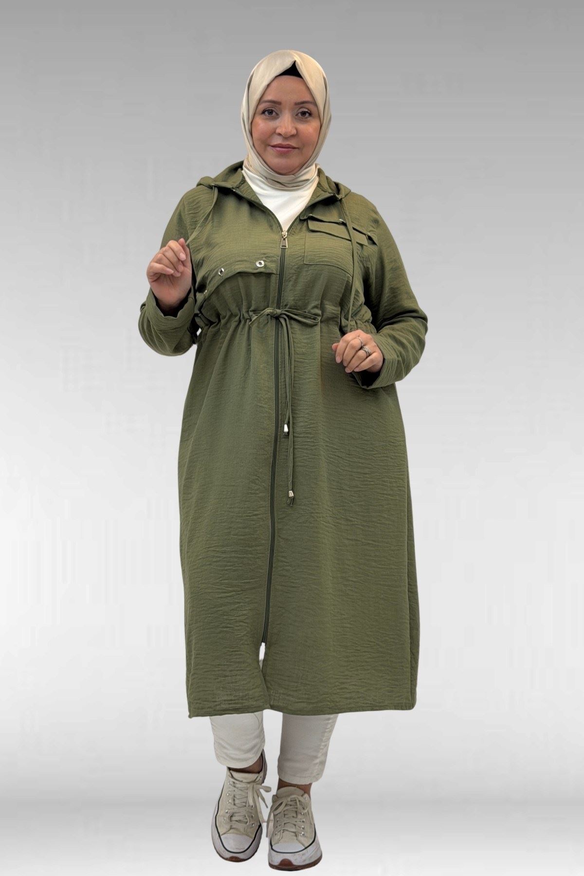 63008 Büyük Beden Kuşgözü Detaylı Keten Kap - Haki