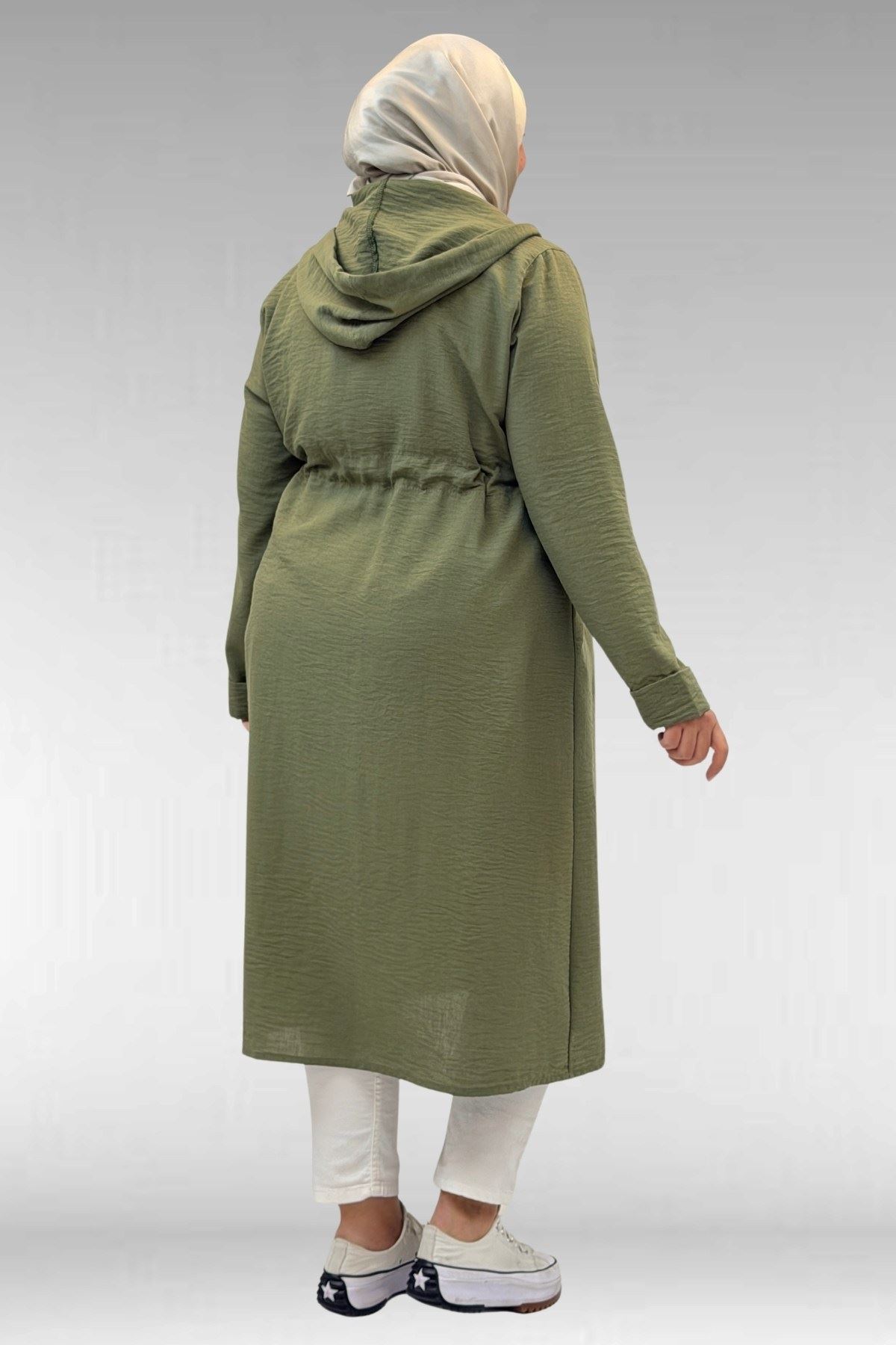 63008 Büyük Beden Kuşgözü Detaylı Keten Kap - Haki